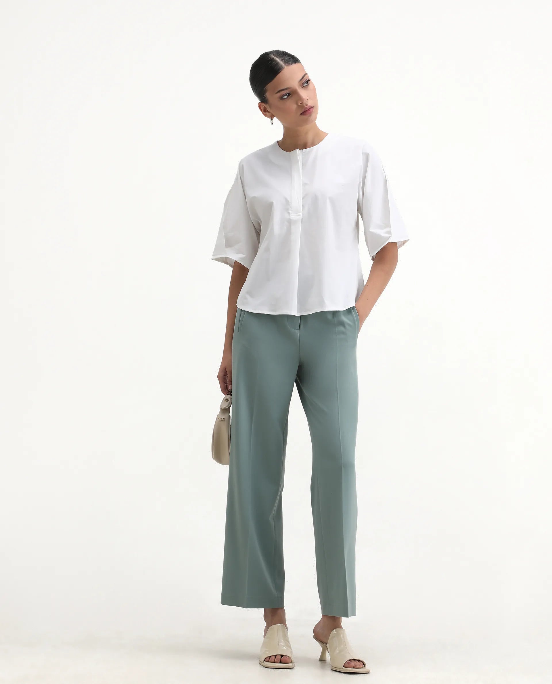 Rareism Women's Naruto White Cotton Crew Neck Plain Balloon Sleeve Relaxed Fit Top