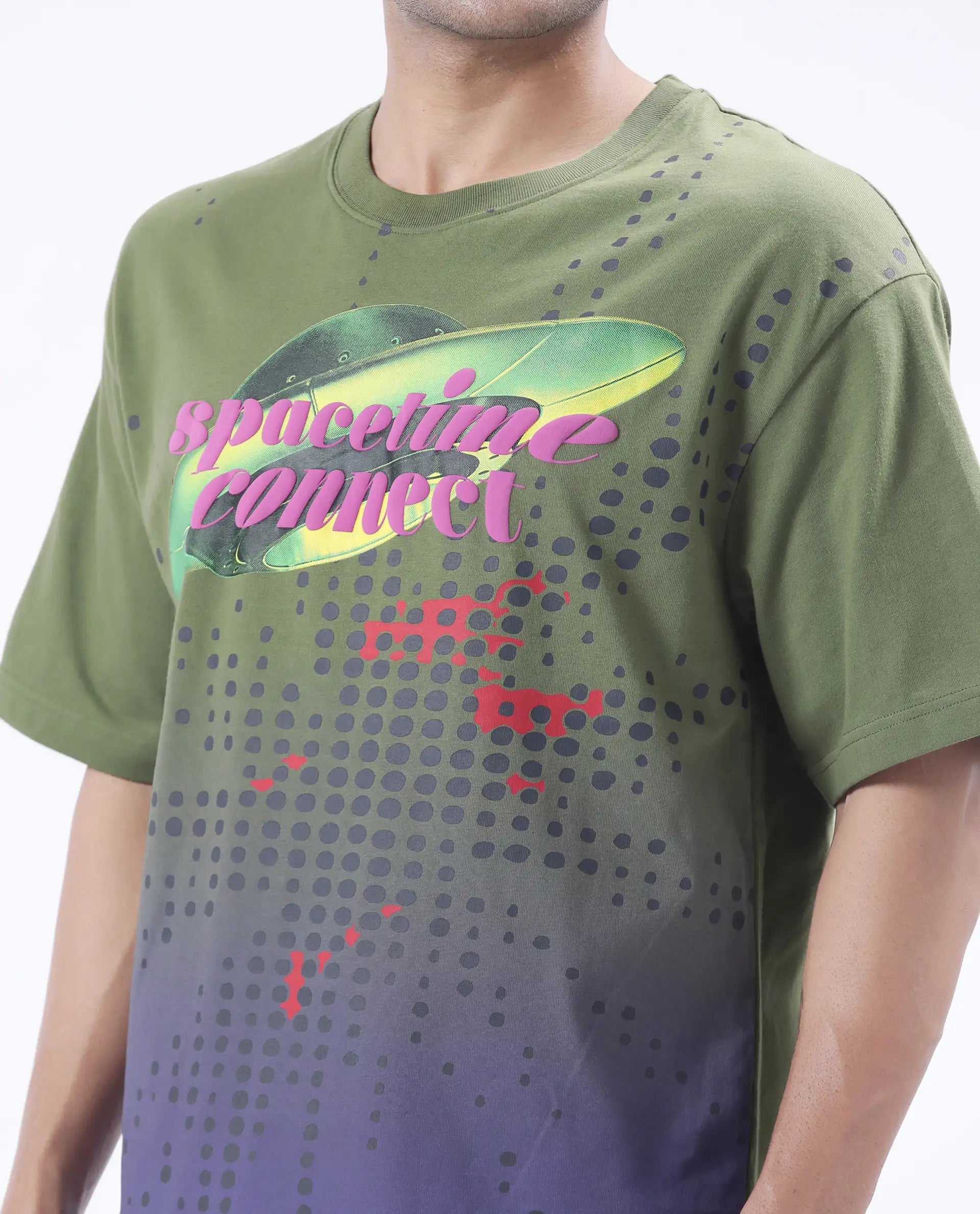 Rare Rabbit Men's Nas Olive Cotton Graphic Print Oversized Fit Half Sleeve Crew Neck T-Shirt