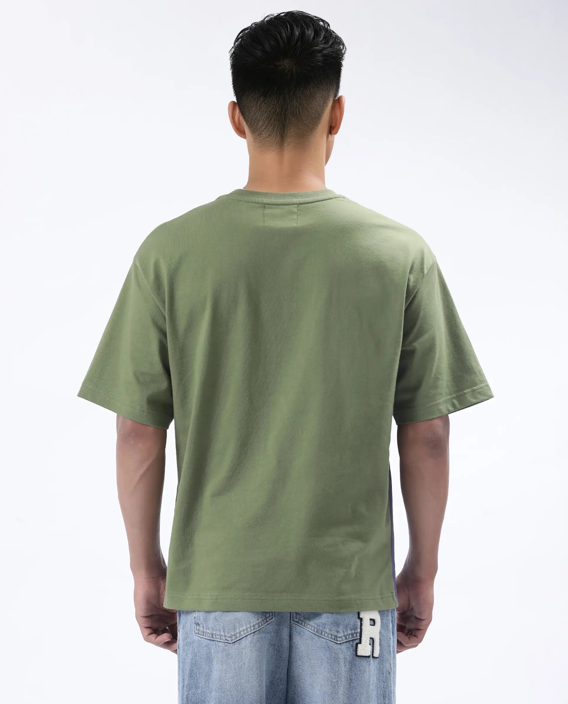 Rare Rabbit Men's Nas Olive Cotton Graphic Print Oversized Fit Half Sleeve Crew Neck T-Shirt