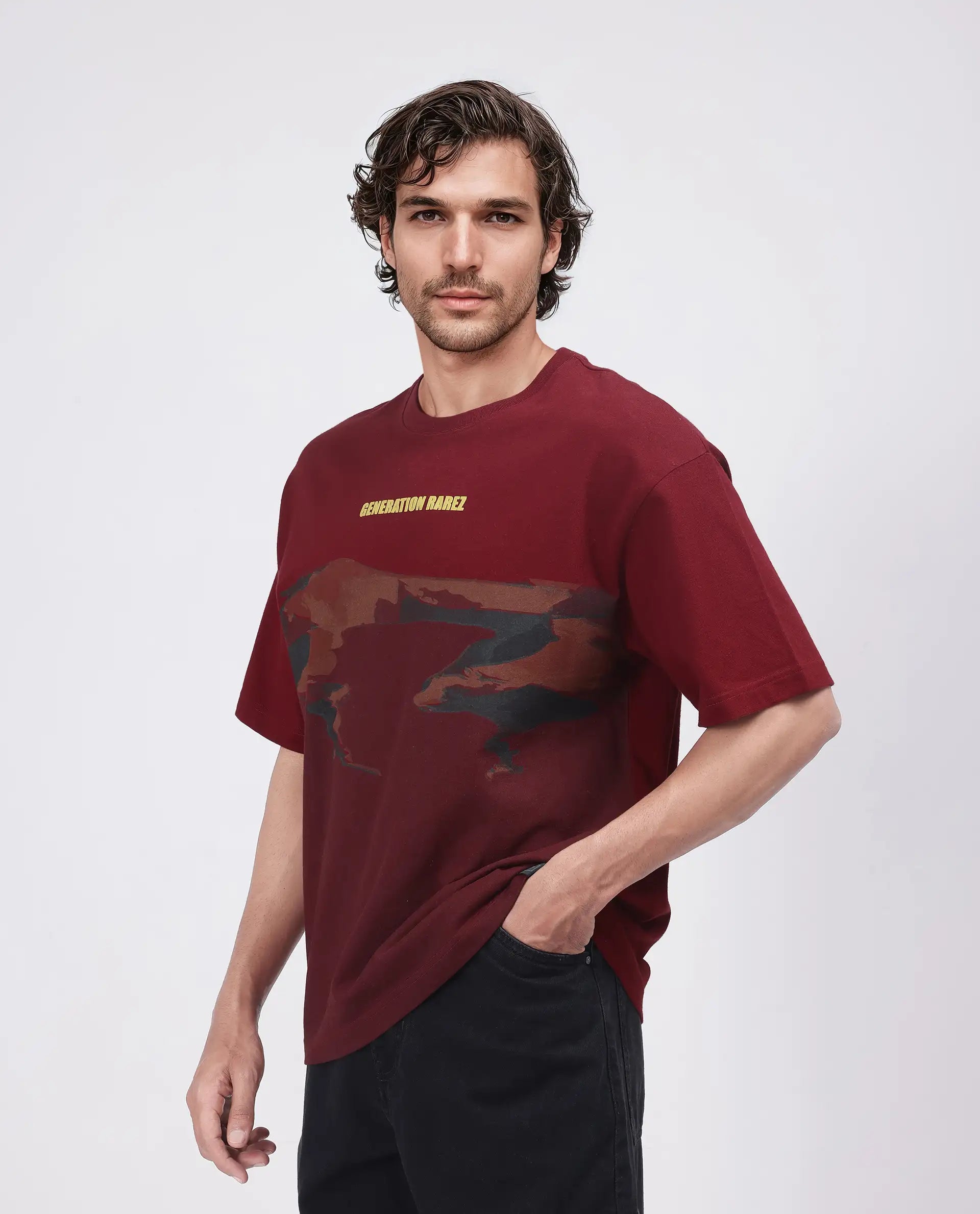Rare Rabbit Men Naso Red Cotton Fabric Short Sleeve Crew Neck Oversized Fit Ombre T-Shirt