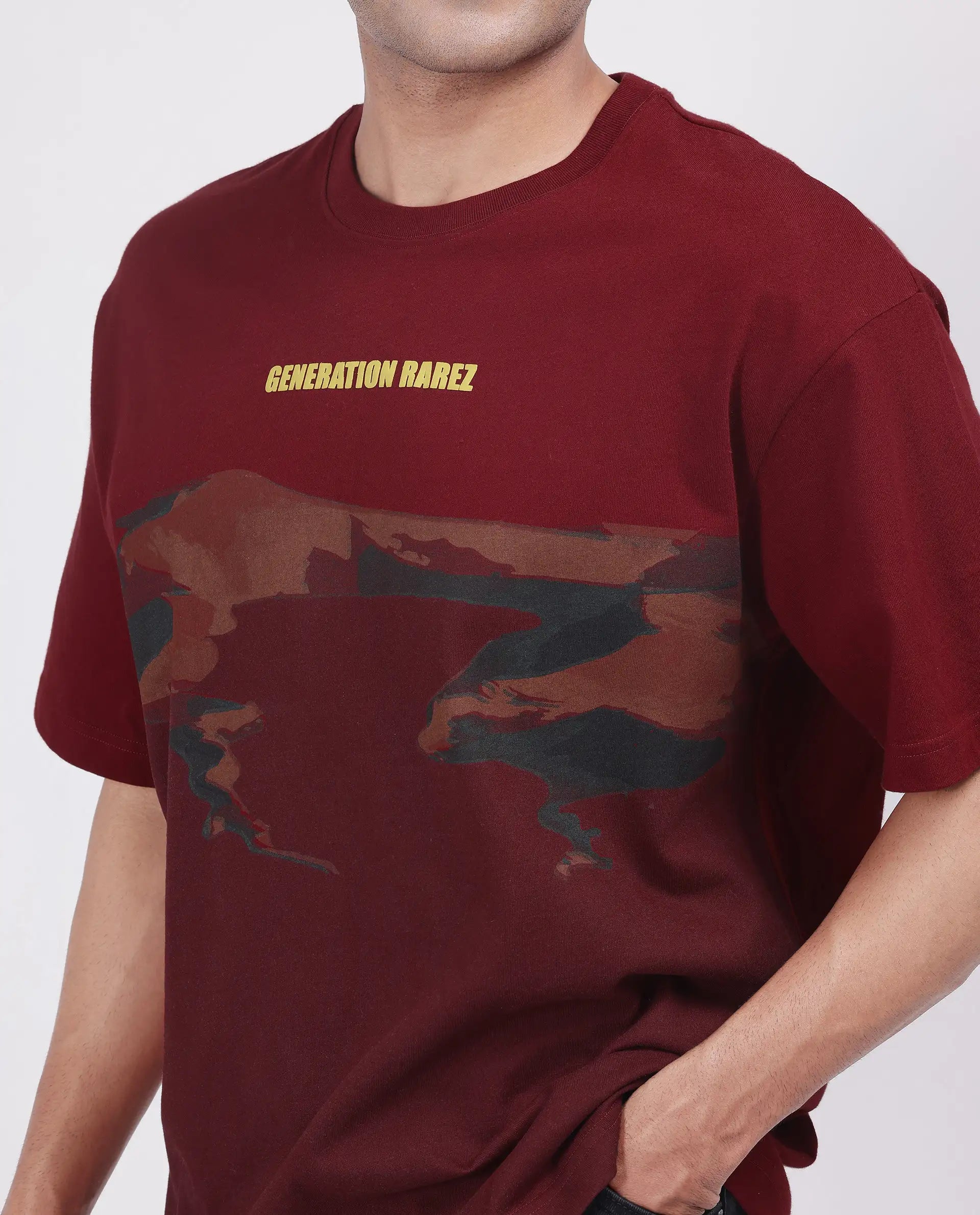 Rare Rabbit Men Naso Red Cotton Fabric Short Sleeve Crew Neck Oversized Fit Ombre T-Shirt