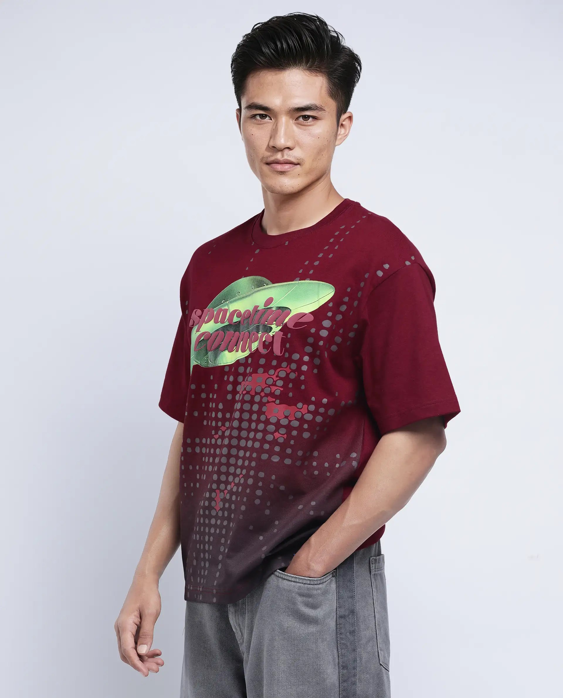 Rare Rabbit Men's Nas Red Cotton Graphic Print Oversized Fit Half Sleeve Crew Neck T-Shirt