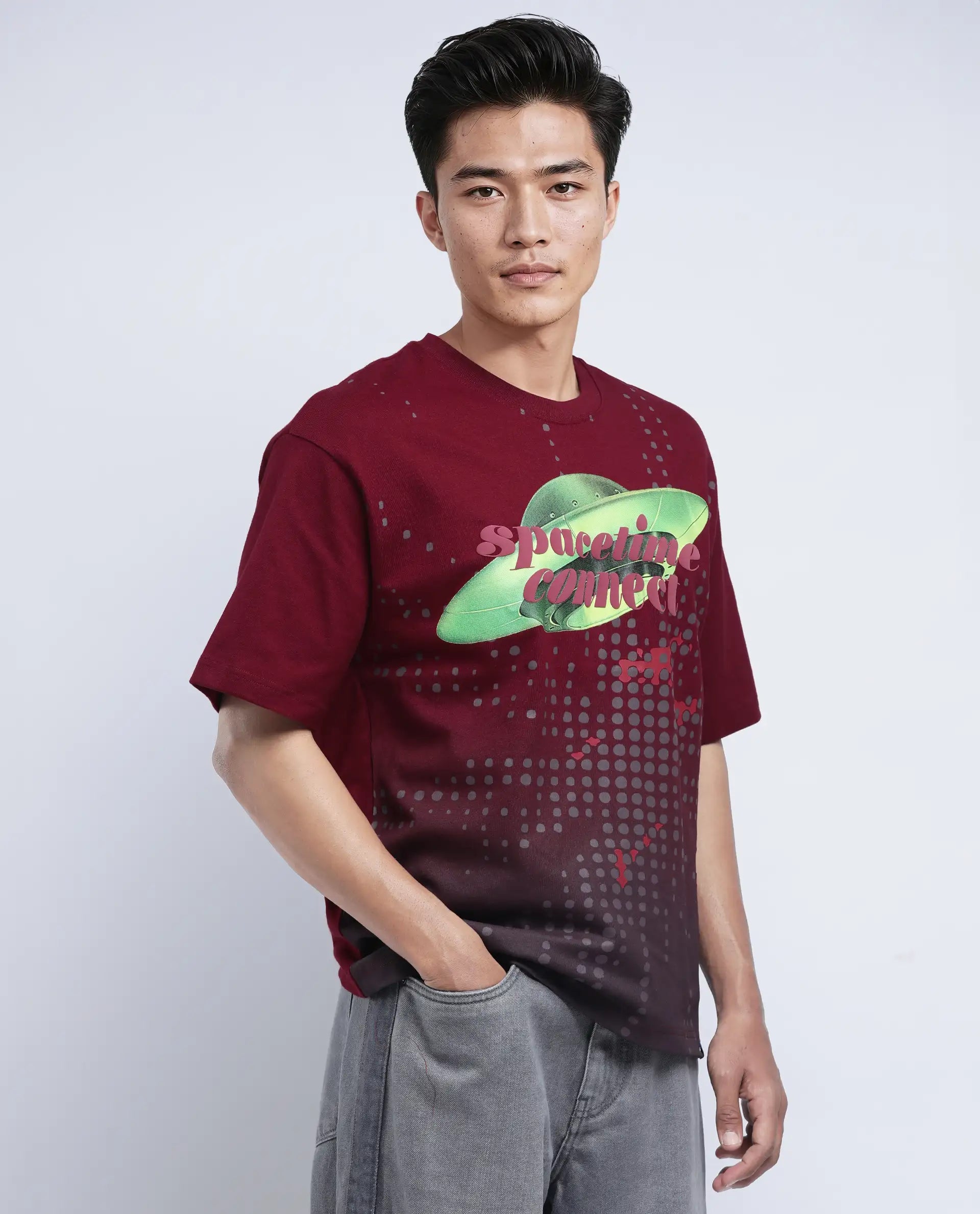 Rare Rabbit Men's Nas Red Cotton Graphic Print Oversized Fit Half Sleeve Crew Neck T-Shirt