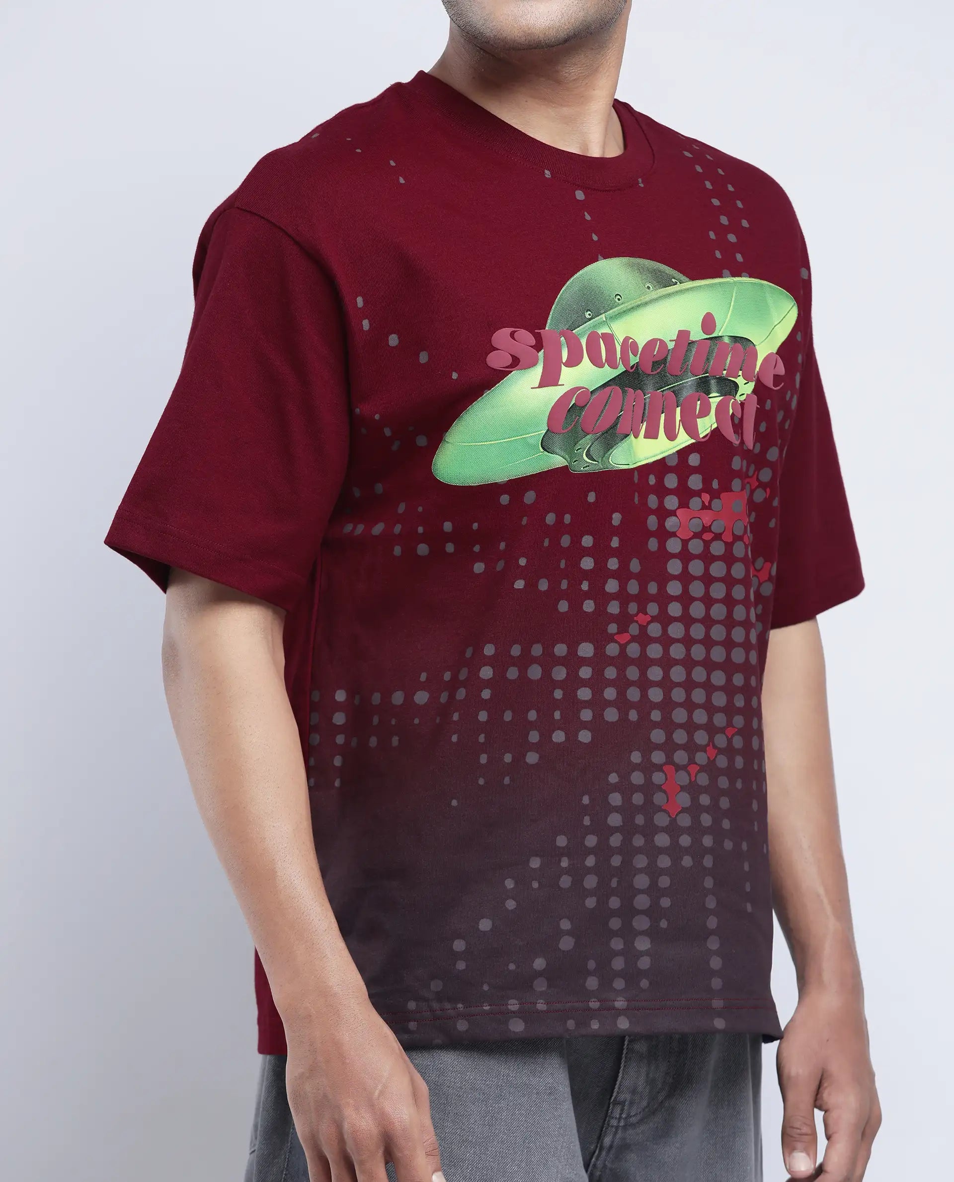 Rare Rabbit Men's Nas Red Cotton Graphic Print Oversized Fit Half Sleeve Crew Neck T-Shirt