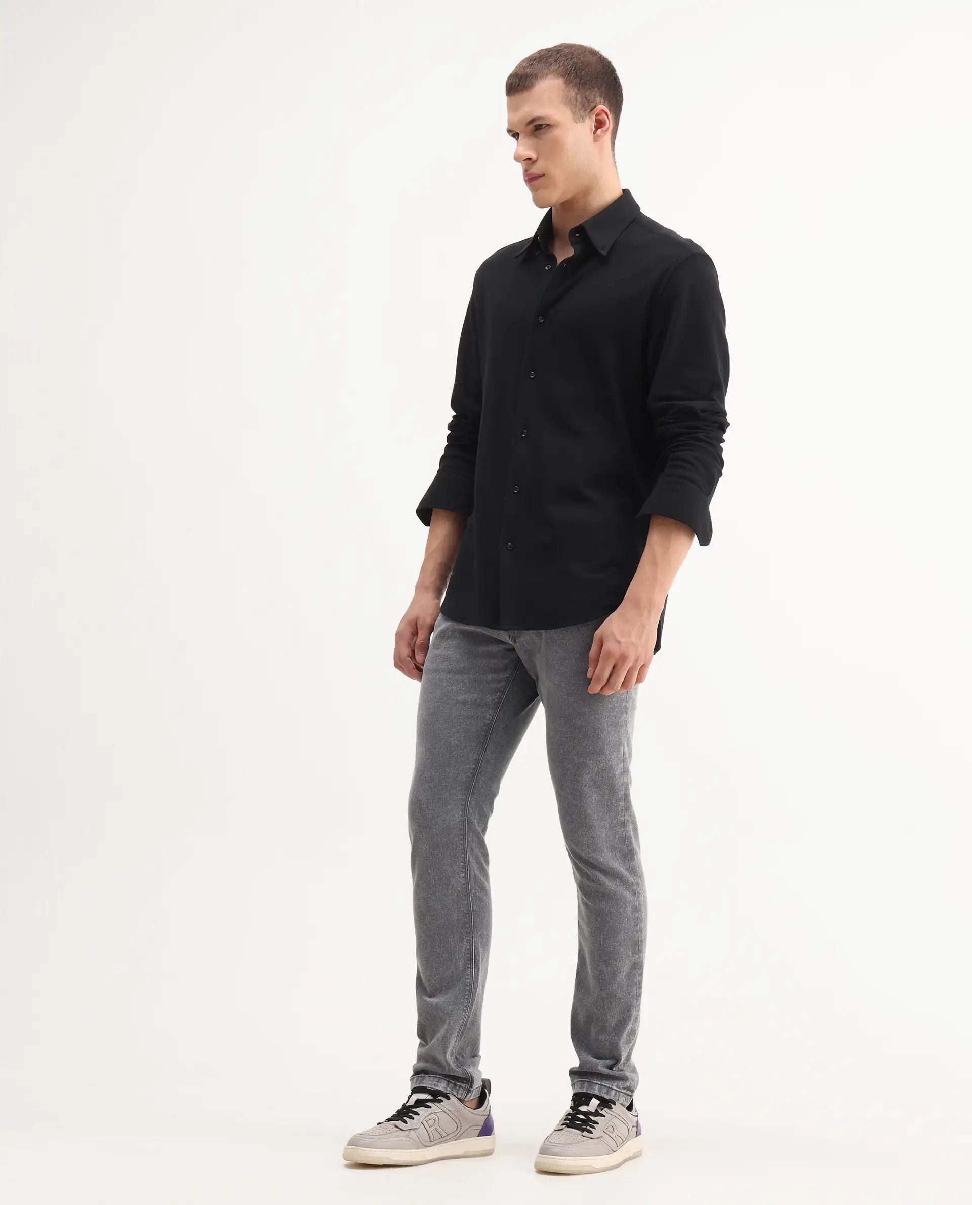 Rare Rabbit Men's Nater Light Grey Cotton Plain Hawk Slim Fit Jeans