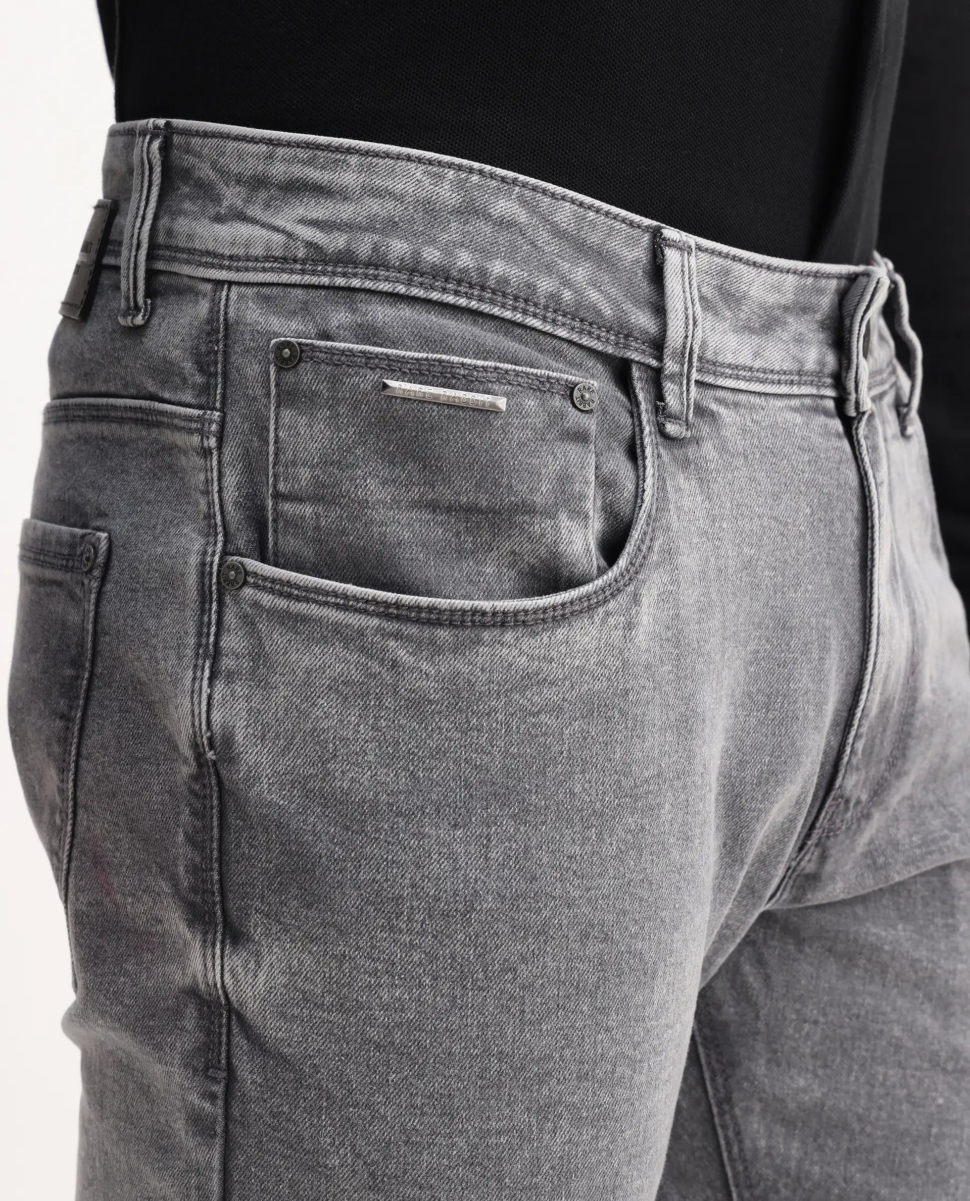 Rare Rabbit Men's Nater Light Grey Cotton Plain Hawk Slim Fit Jeans