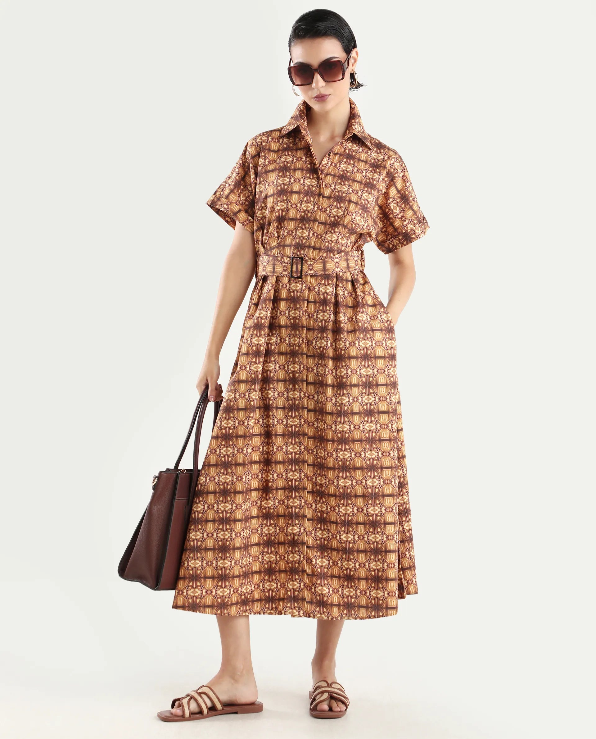 Rareism Women's Native Brown Cotton Blend Drop Collar Geometric Print Midi Fit And Flare Dress