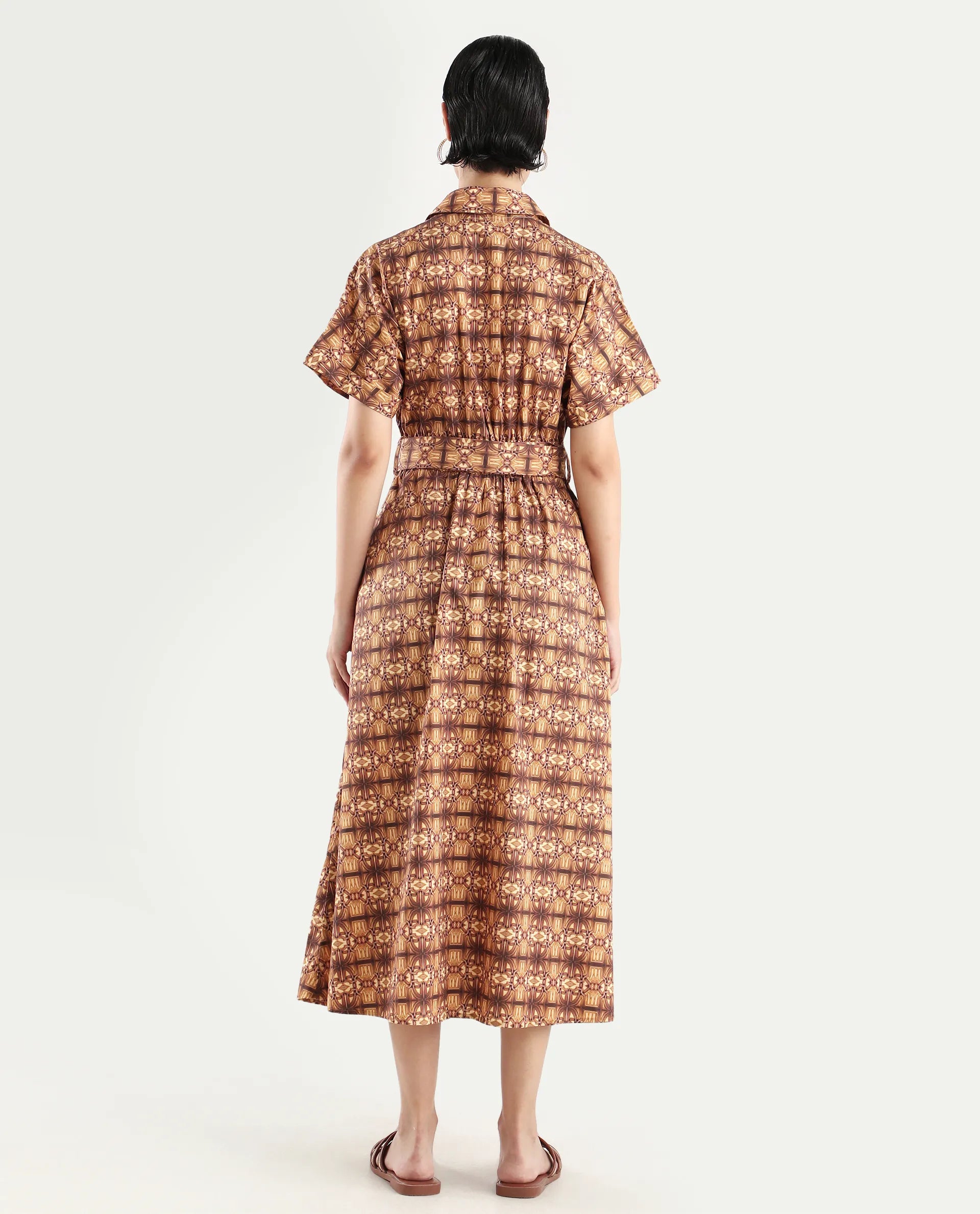 Rareism Women's Native Brown Cotton Blend Drop Collar Geometric Print Midi Fit And Flare Dress