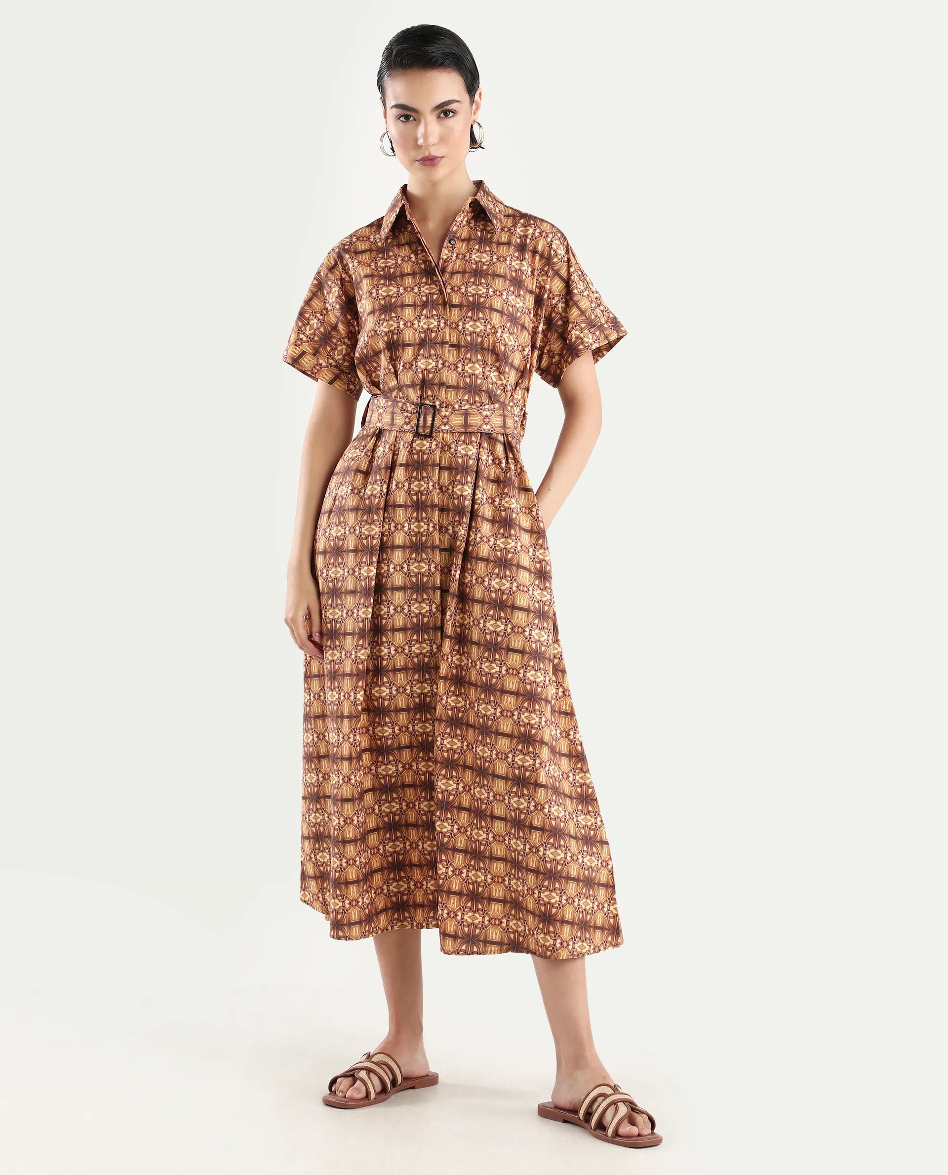 Rareism Women's Native Brown Cotton Blend Drop Collar Geometric Print Midi Fit And Flare Dress