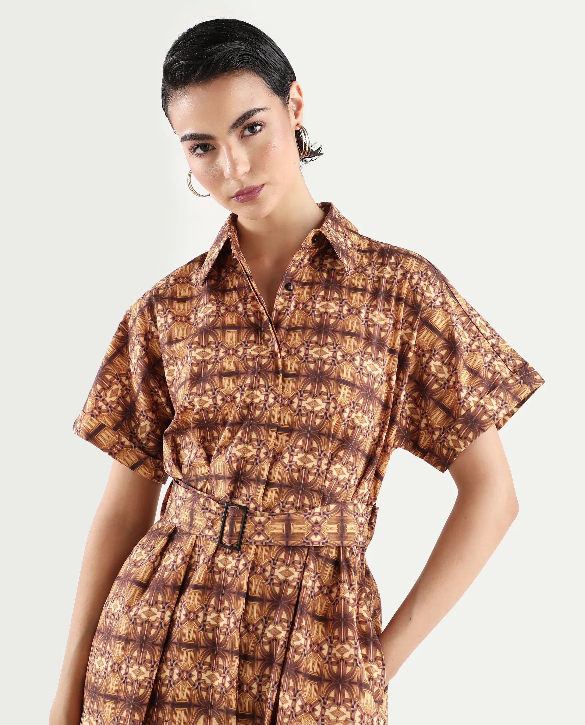 Rareism Women's Native Brown Cotton Blend Drop Collar Geometric Print Midi Fit And Flare Dress