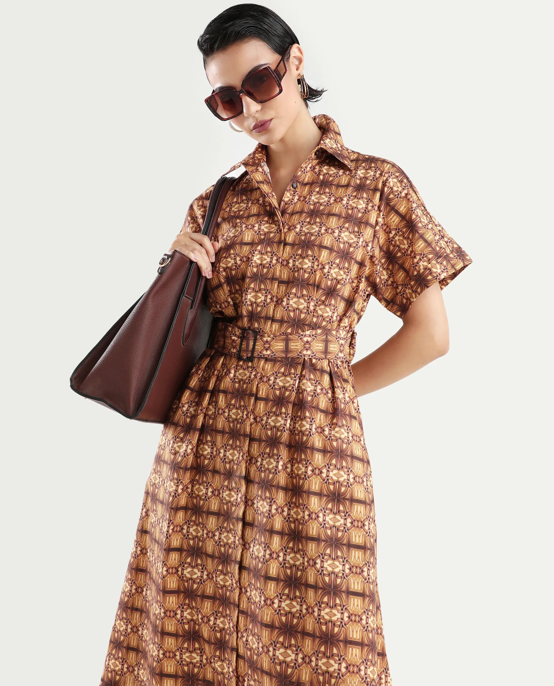 Rareism Women's Native Brown Cotton Blend Drop Collar Geometric Print Midi Fit And Flare Dress