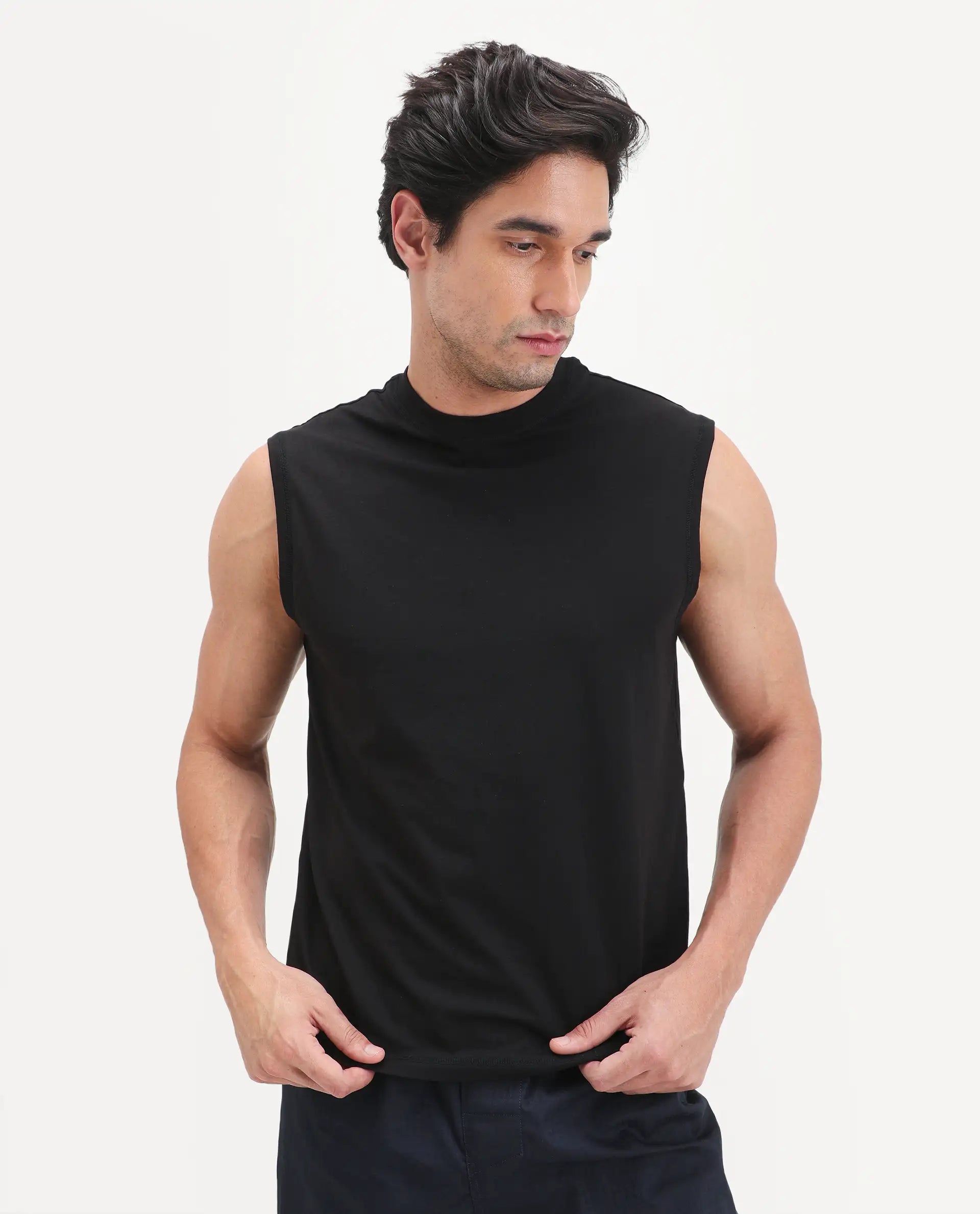 Rare Rabbit Men's Nats Black Cotton Lycra Fabric Regular Fit Plain Stretchable Sleeveless Vest