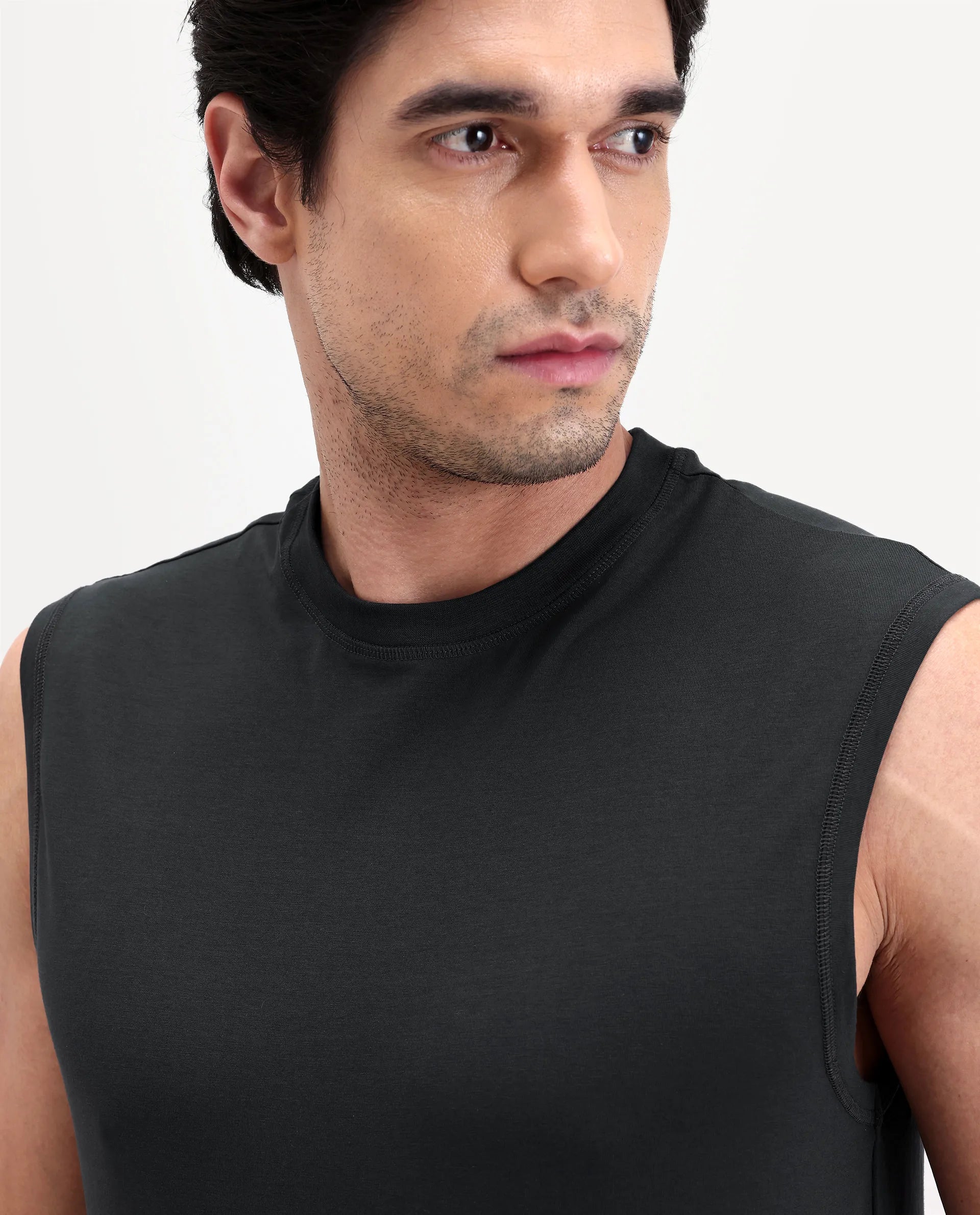 Rare Rabbit Men's Nats Dark Grey Cotton Lycra Fabric Regular Fit Plain Stretchable Sleeveless Vest