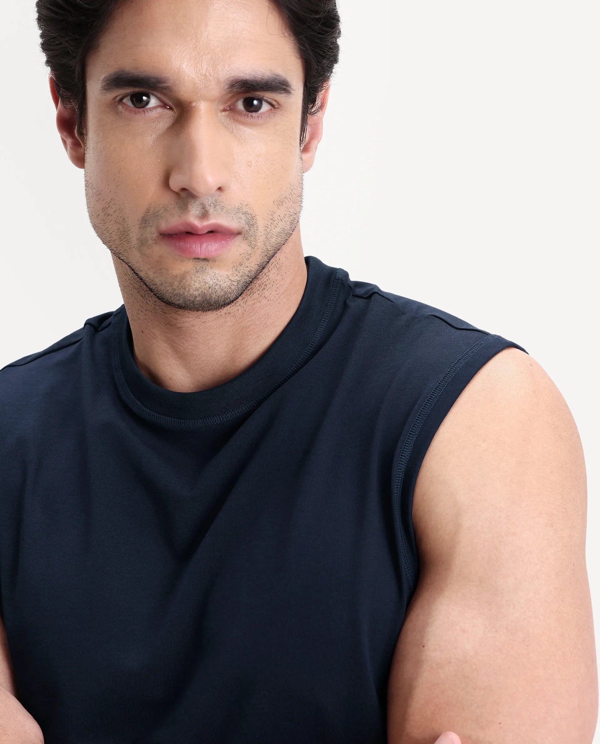 Rare Rabbit Men's Nats Navy Cotton lycra Fabric Regular Fit Plain Stretchable Sleeveless Vest