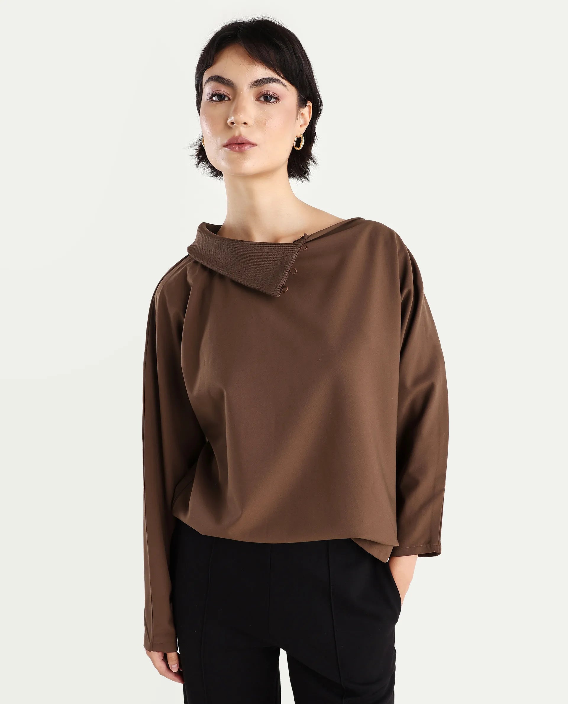 Rareism Women's Natta Brown Cotton High Neck Plain Regular Fit Top