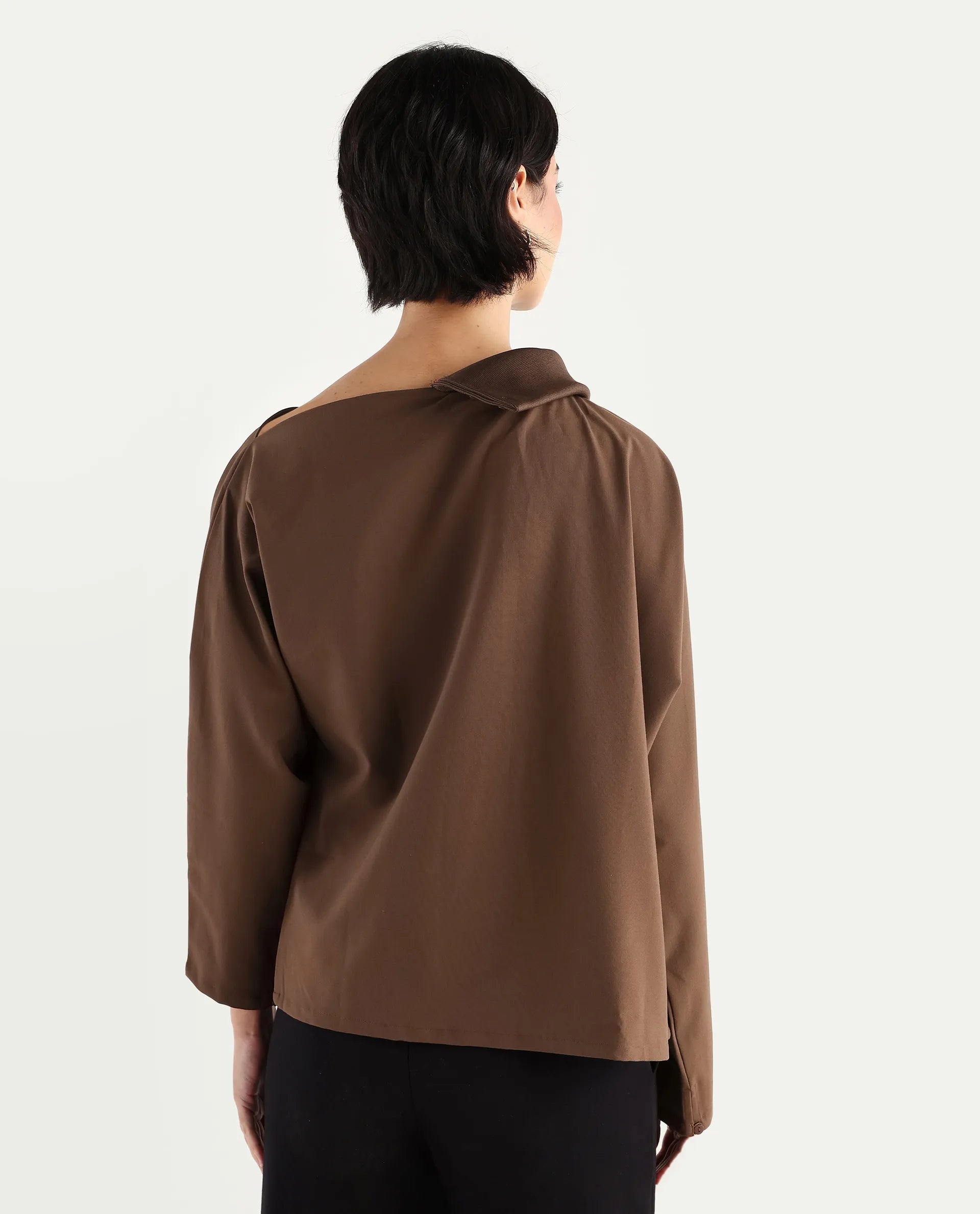 Rareism Women's Natta Brown Cotton High Neck Plain Regular Fit Top