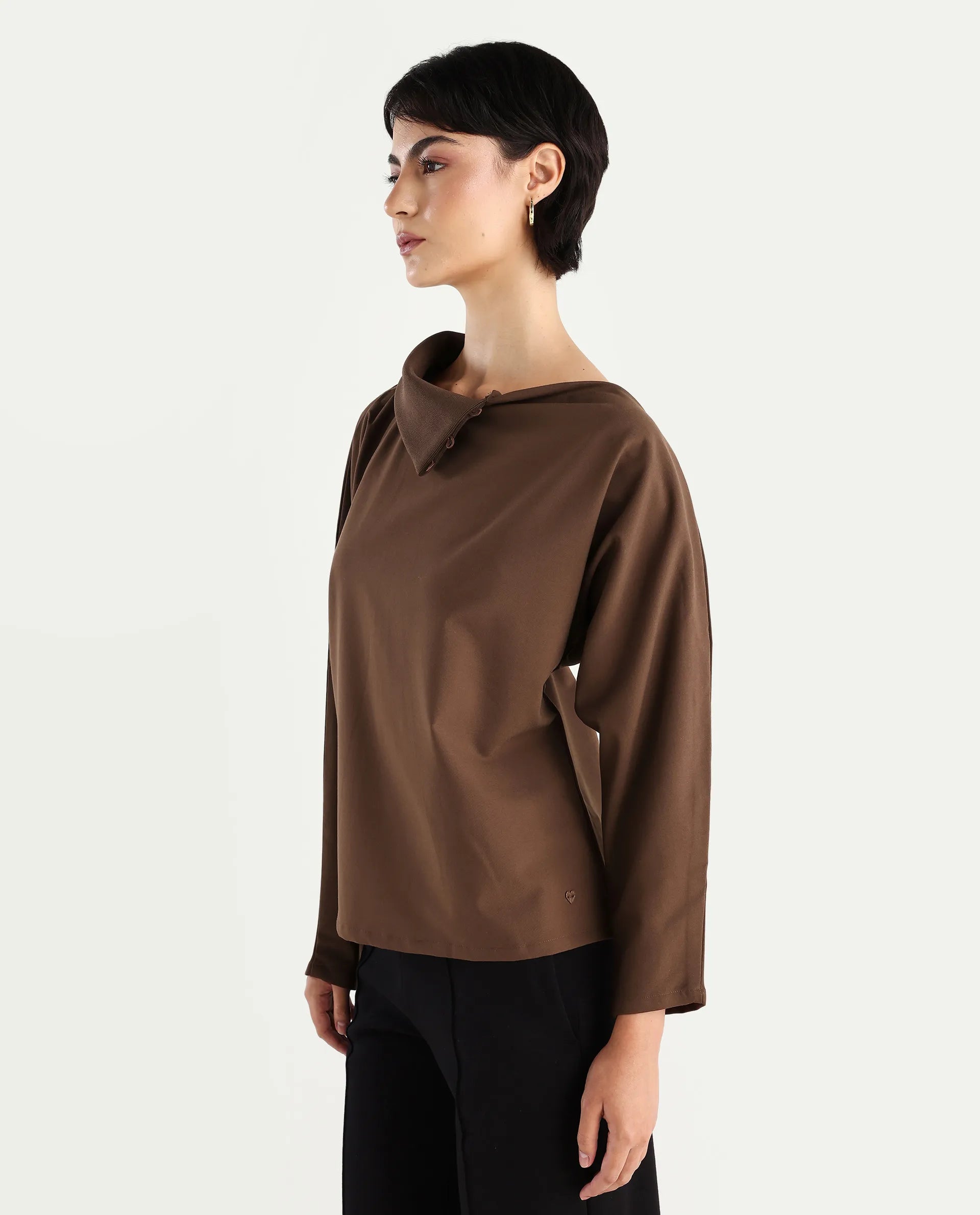 Rareism Women's Natta Brown Cotton High Neck Plain Regular Fit Top