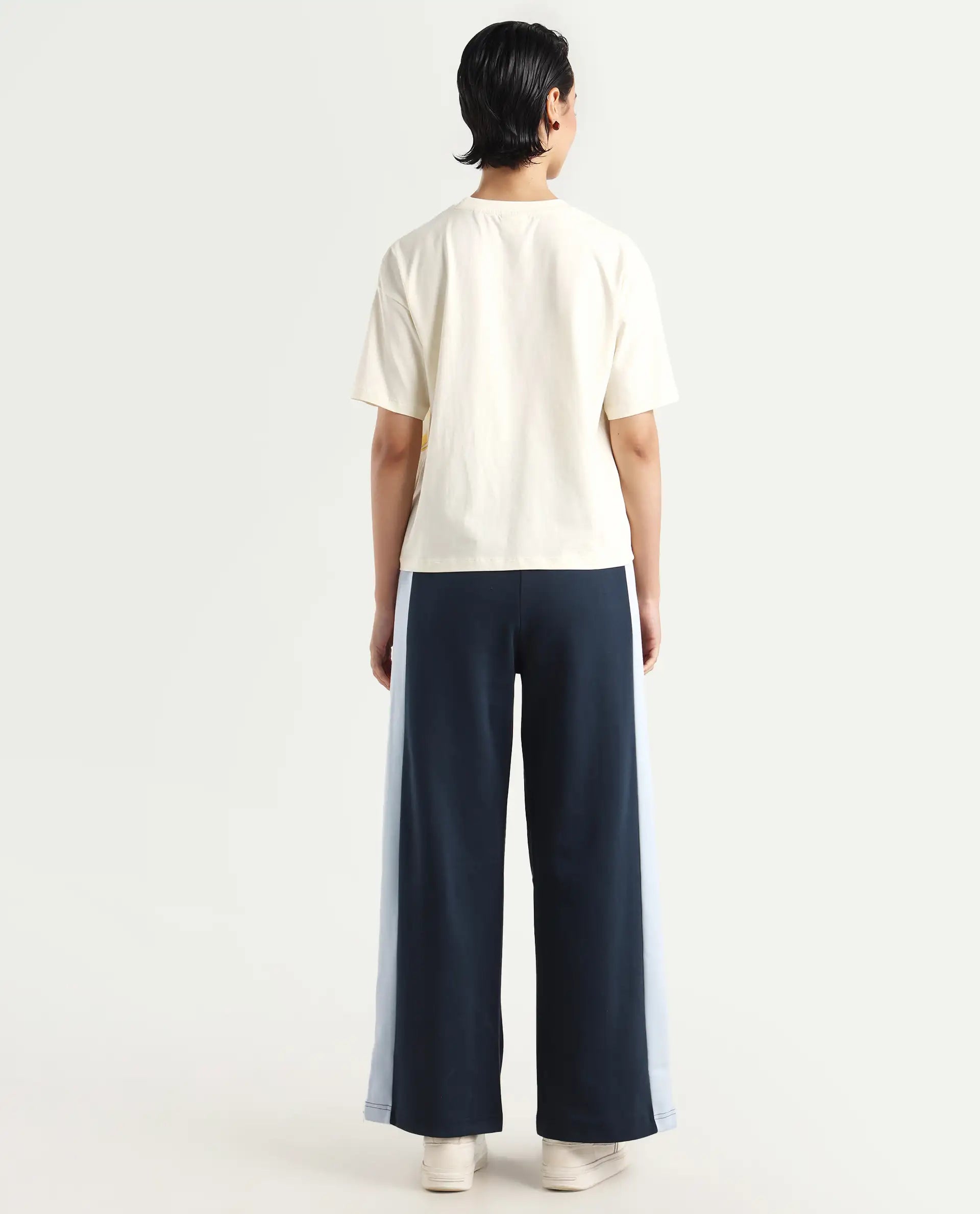 Rareism Women's Naut Navy Cotton Plain Ankle Length Wide Track Pant