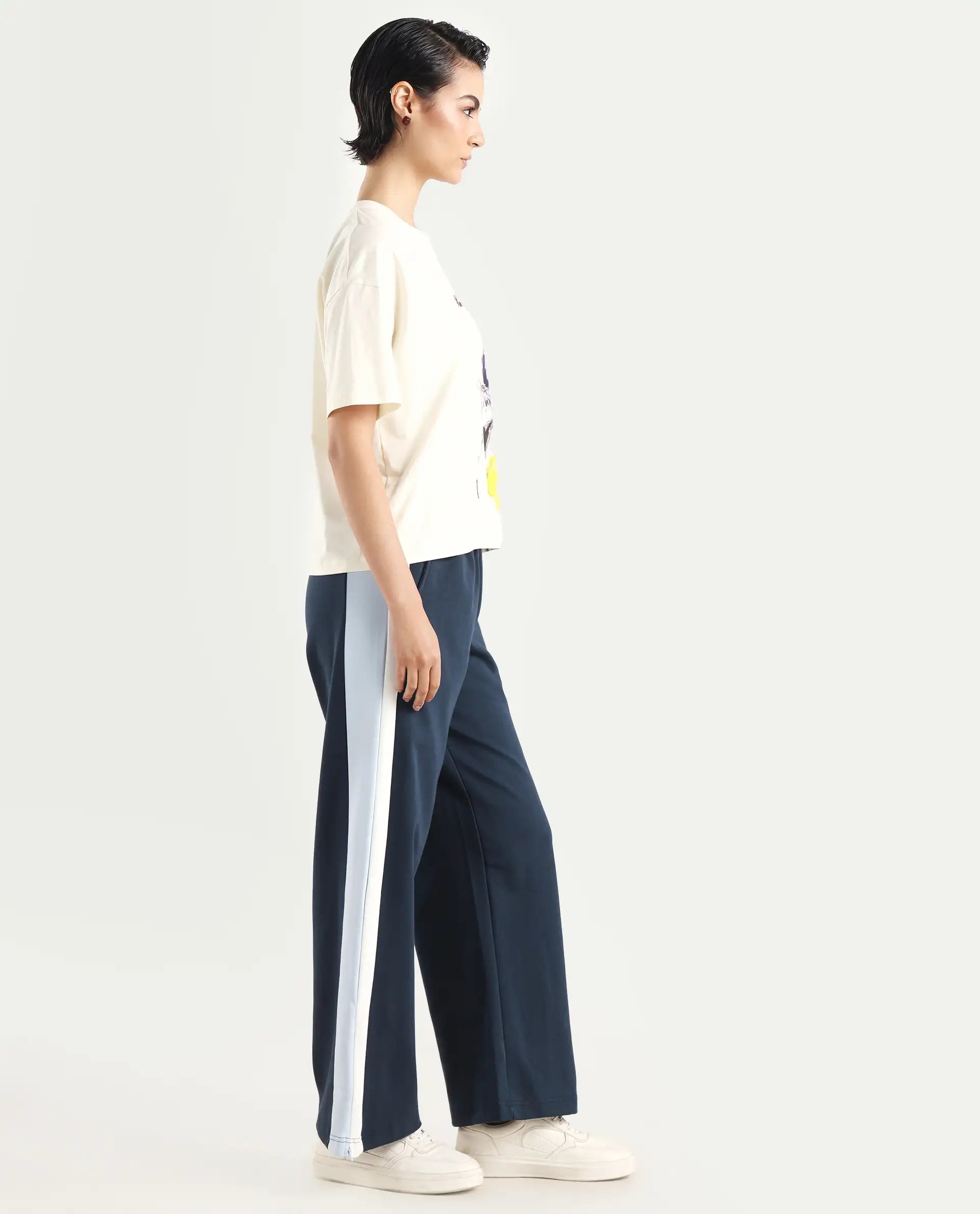 Rareism Women's Naut Navy Cotton Plain Ankle Length Wide Track Pant