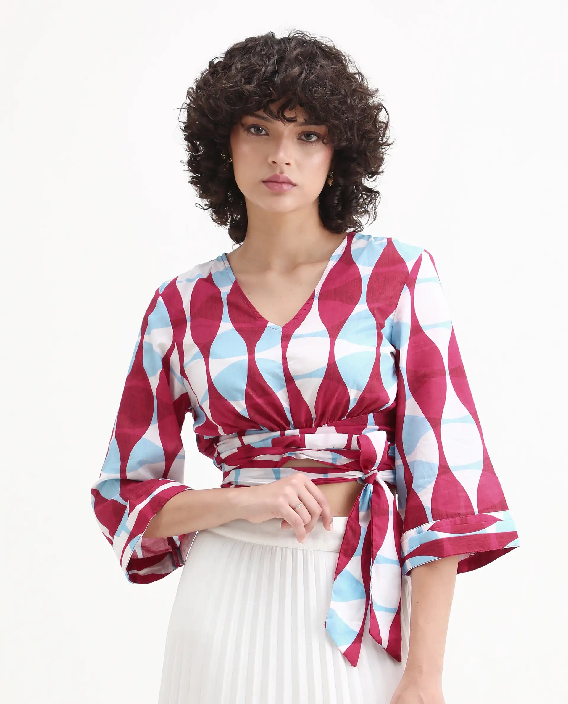 Rareism Women's Nayber Multi Cotton V-Neck Geometric Print Bell Sleeve Crop Regular Fit Top