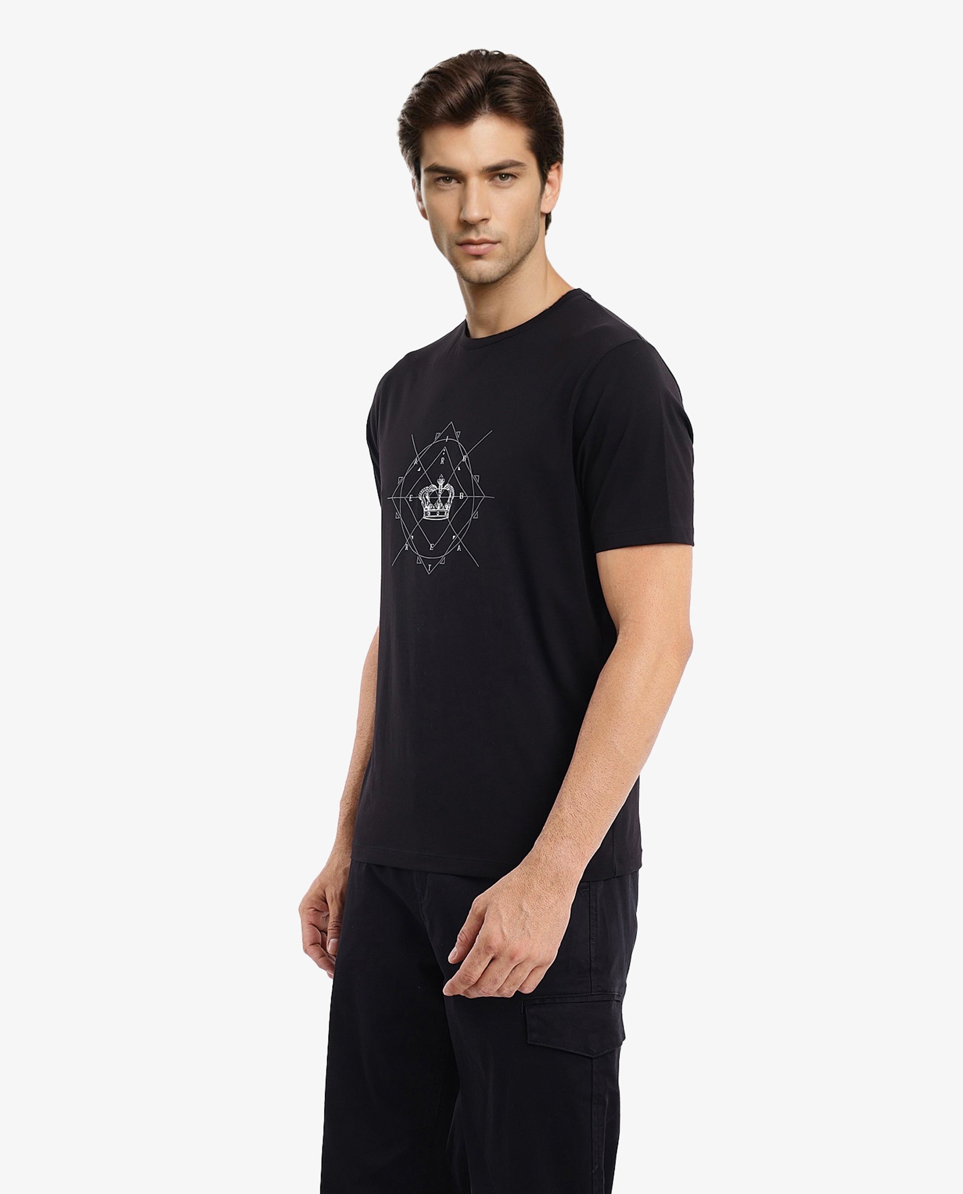 Rare Rabbit Men Naz Black Cotton Lycra Fabric Short Sleeve Crew Neck Regular Fit Graphic Print T-Shirt