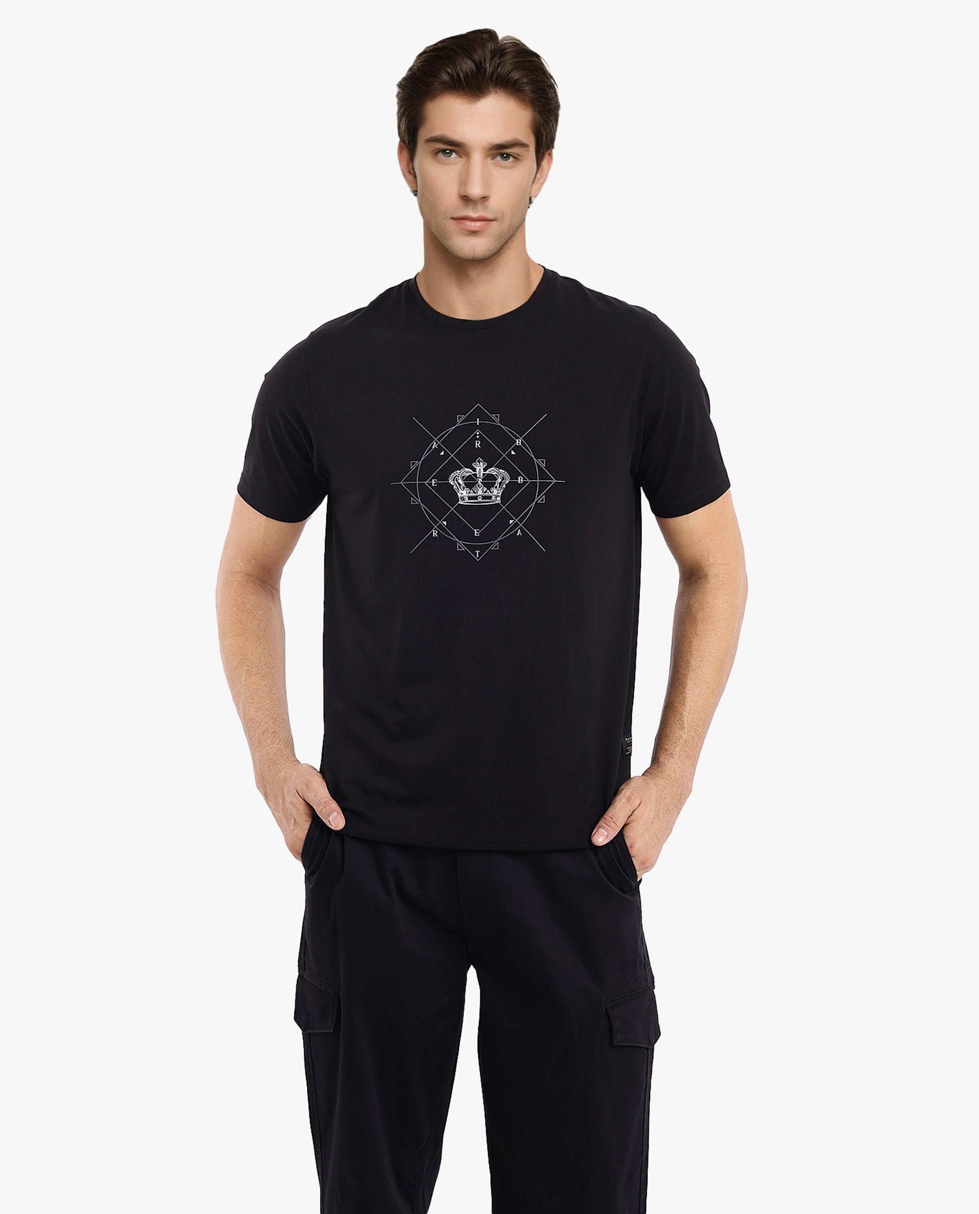Rare Rabbit Men Naz Black Cotton Lycra Fabric Short Sleeve Crew Neck Regular Fit Graphic Print T-Shirt