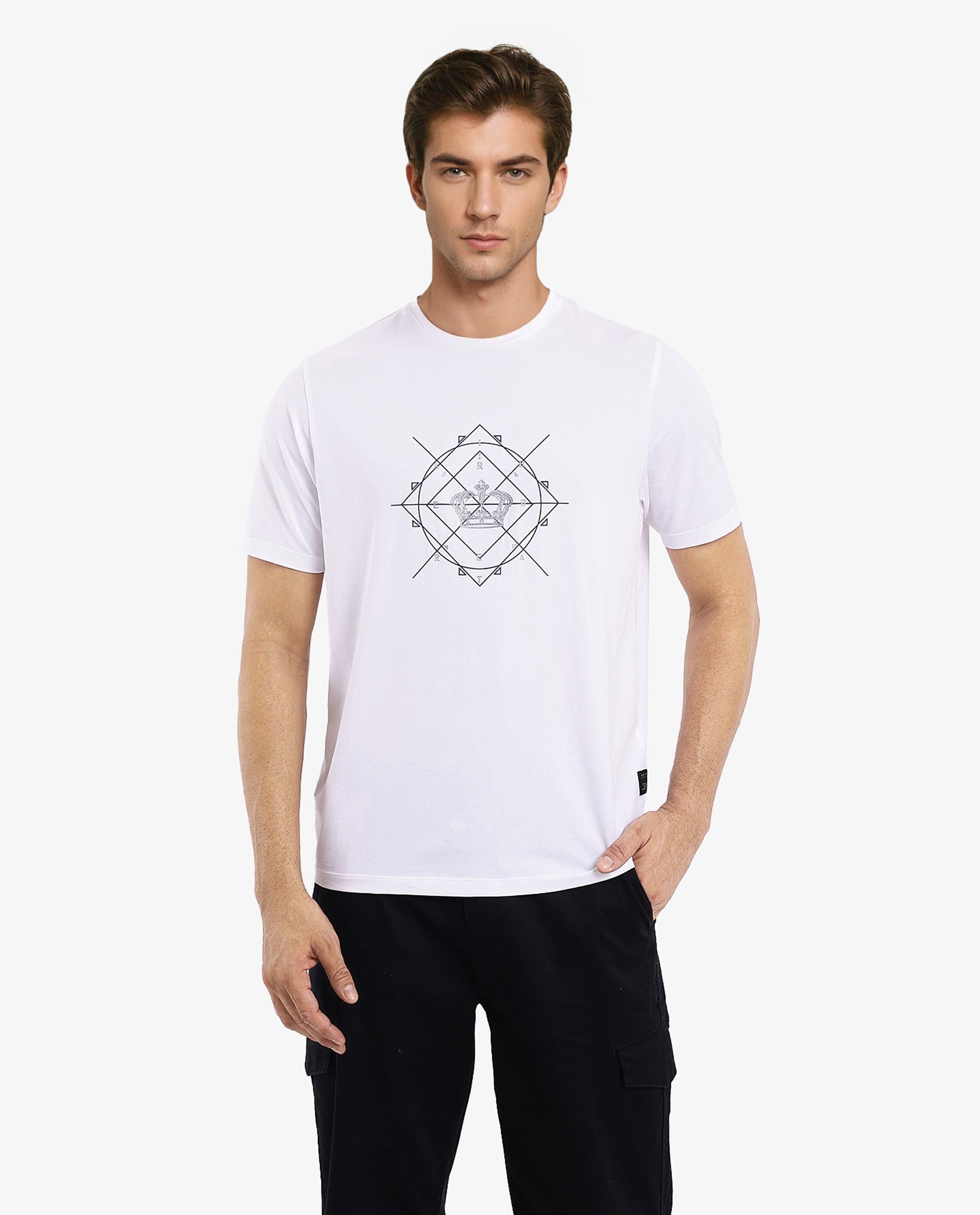 Rare Rabbit Men Naz White Cotton Lycra Fabric Short Sleeve Crew Neck Regular Fit Graphic Print T-Shirt