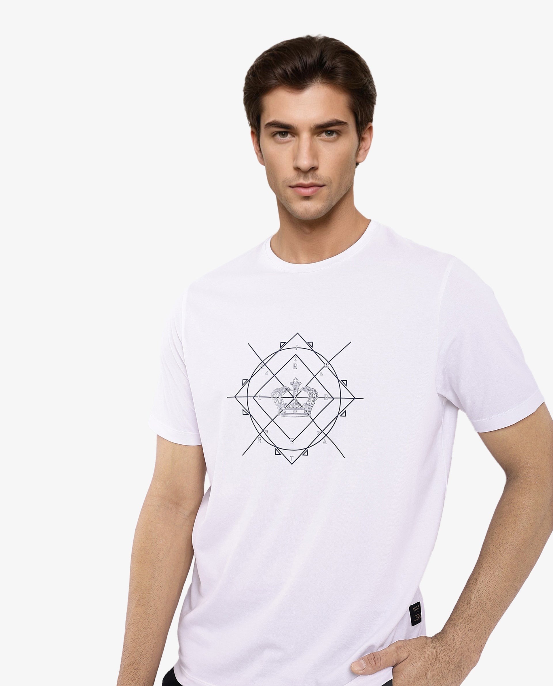 Rare Rabbit Men Naz White Cotton Lycra Fabric Short Sleeve Crew Neck Regular Fit Graphic Print T-Shirt