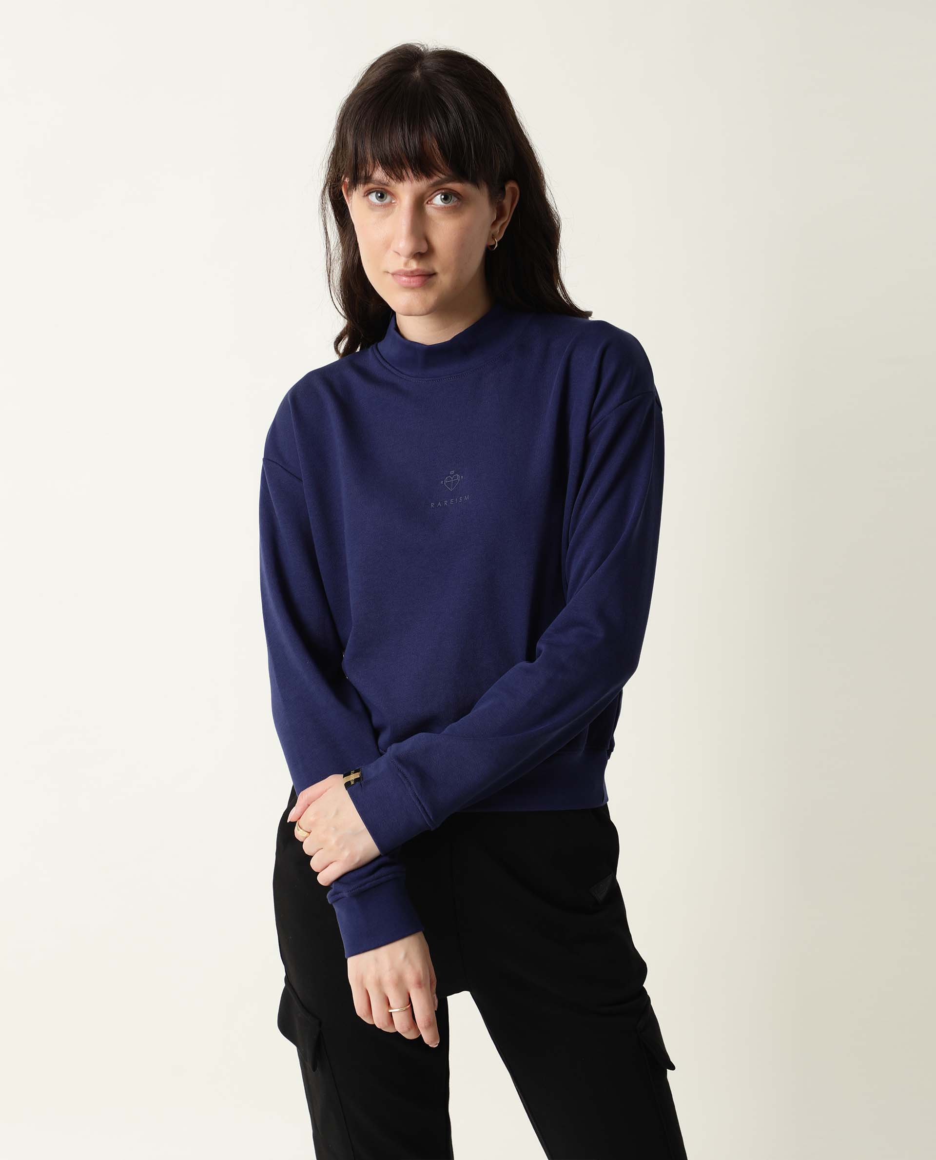 Rareism Women Necker Blue Relaxed Fit Full Sleeves Solid High Neck Sweatshirt