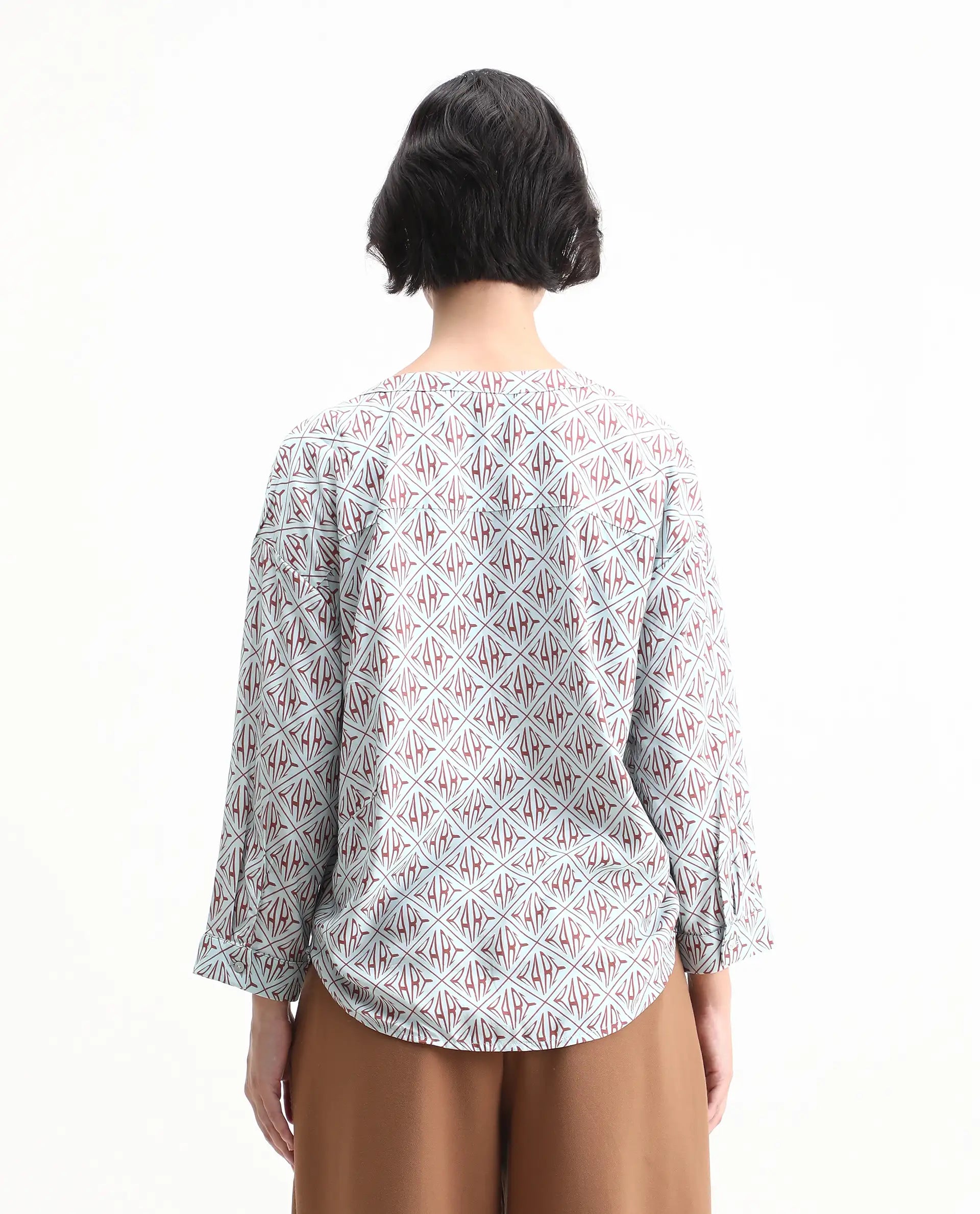 Rareism Women's Nector Blue Viscose Mandarin Collar Monogram Print Regular Fit Top