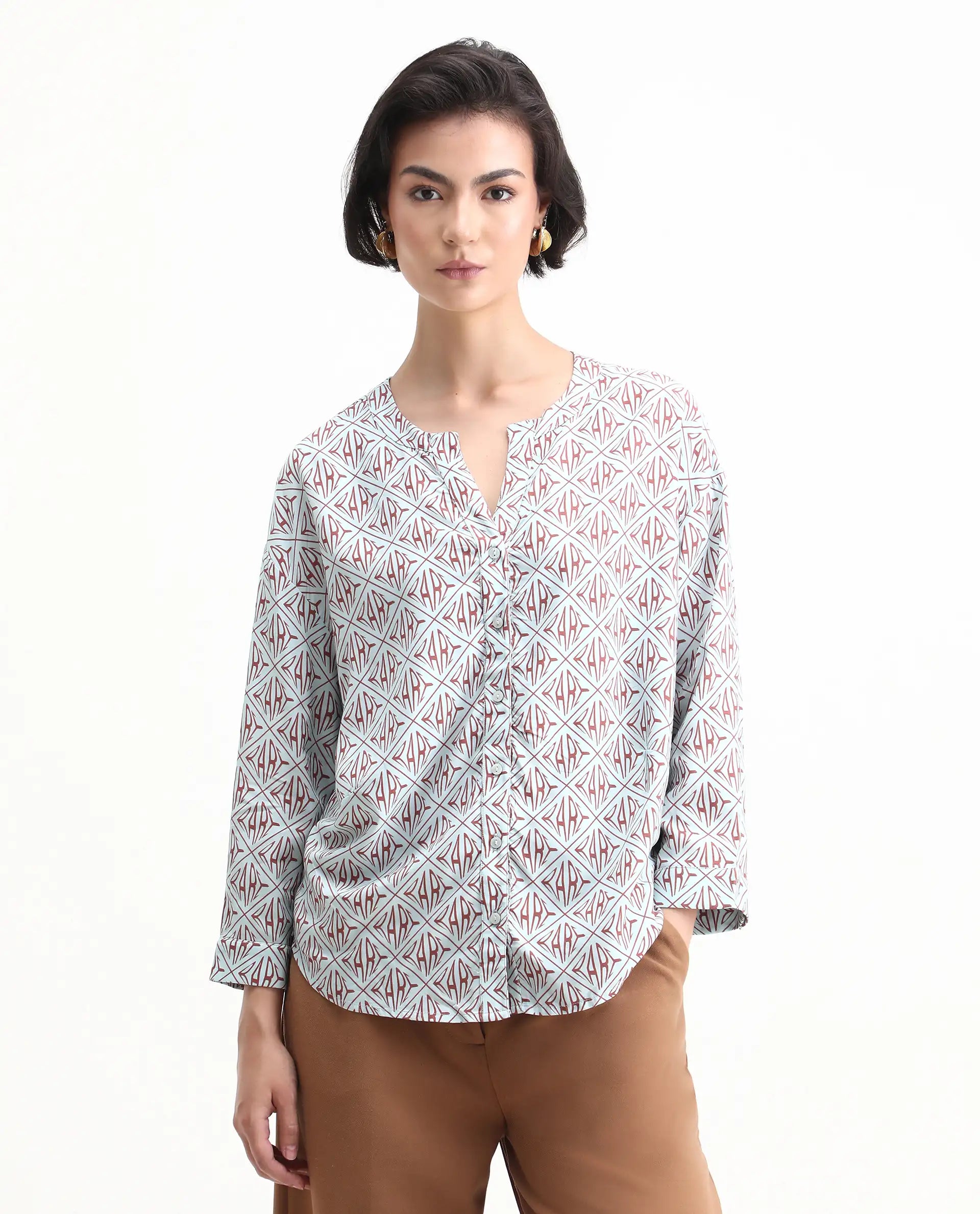 Rareism Women's Nector Blue Viscose Mandarin Collar Monogram Print Regular Fit Top