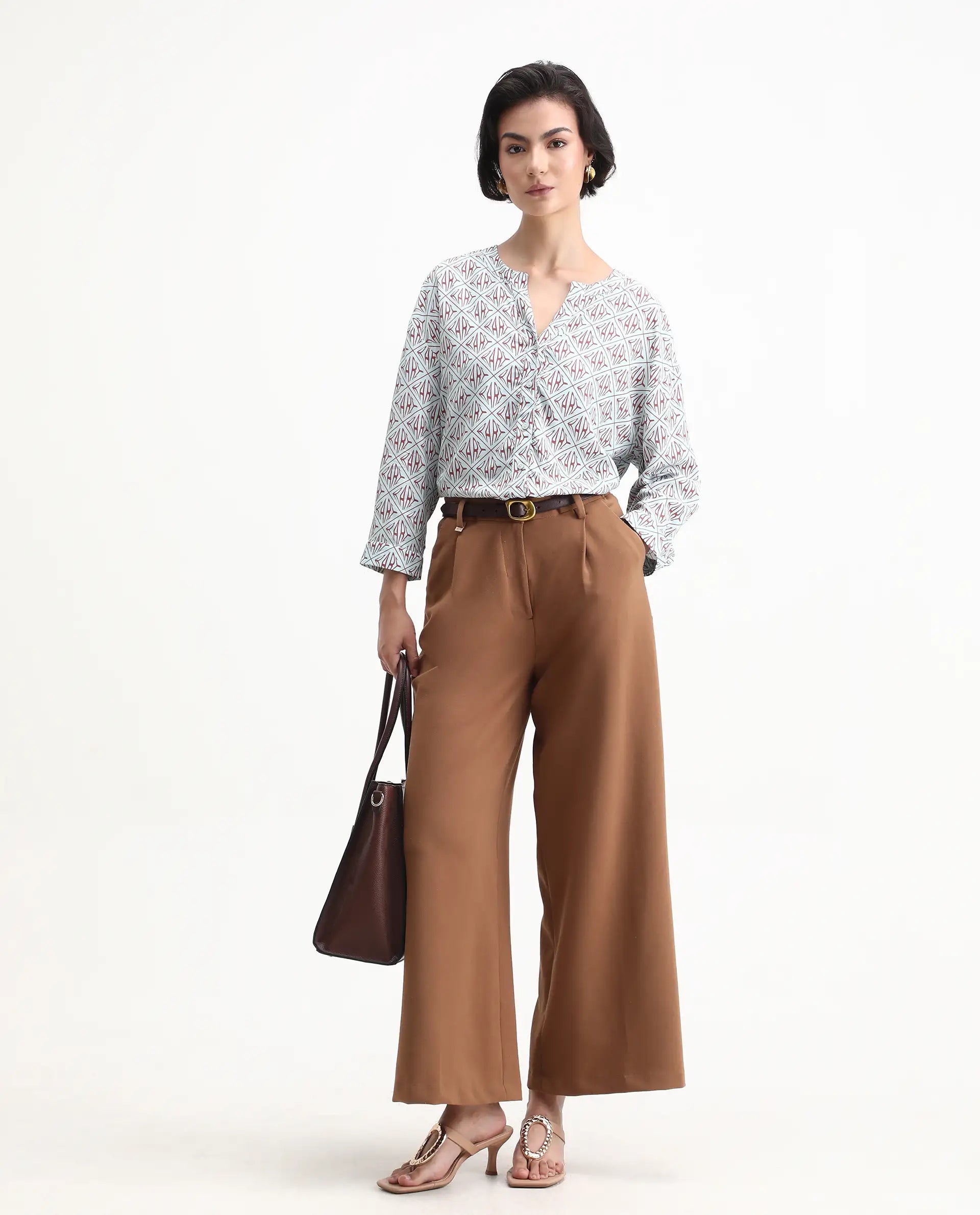 Rareism Women's Nector Blue Viscose Mandarin Collar Monogram Print Regular Fit Top