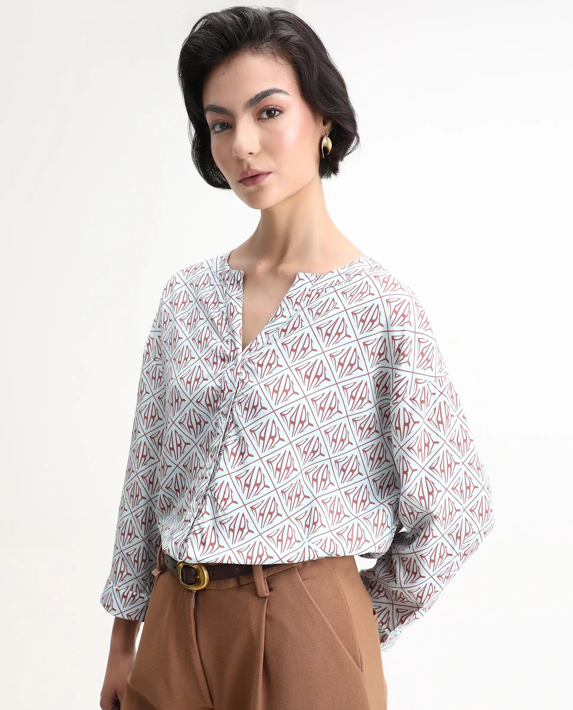 Rareism Women's Nector Blue Viscose Mandarin Collar Monogram Print Regular Fit Top