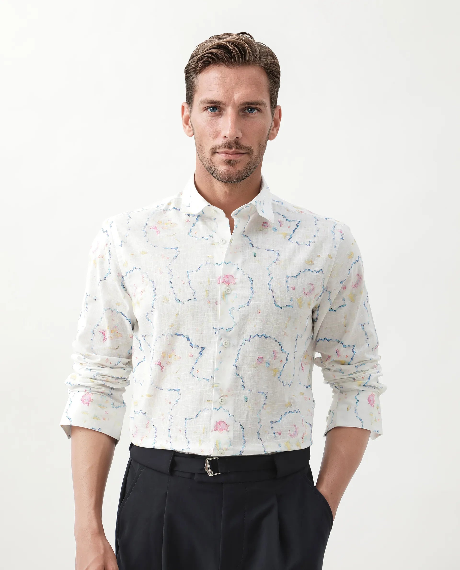 Rare Rabbit Men's Nede White Cotton Abstract Print Relaxed Fit Full Sleeve Collared Shirt