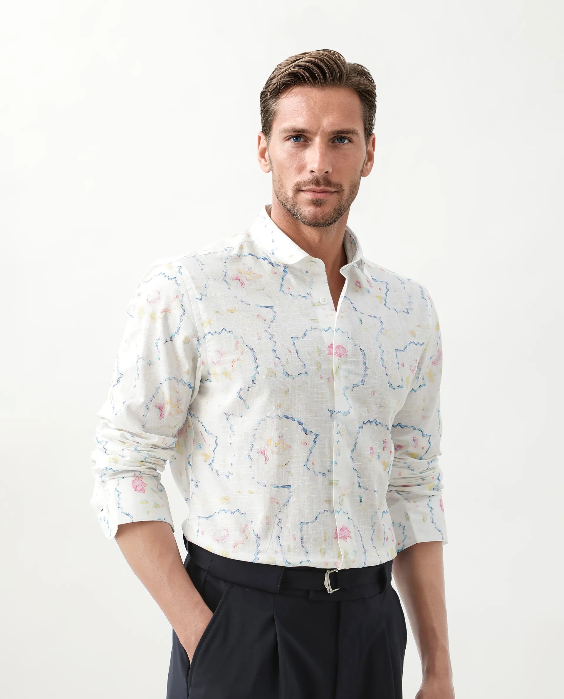 Rare Rabbit Men's Nede White Cotton Abstract Print Relaxed Fit Full Sleeve Collared Shirt