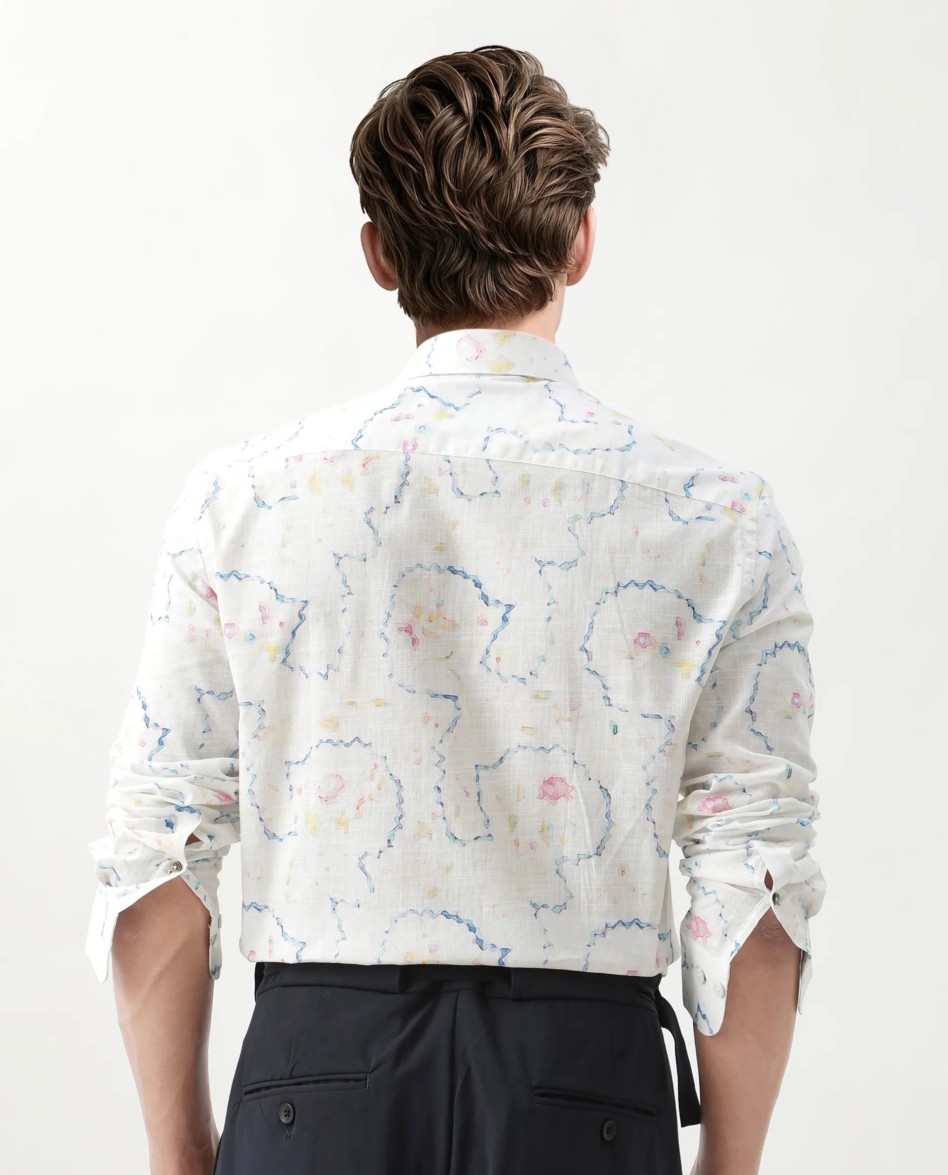 Rare Rabbit Men's Nede White Cotton Abstract Print Relaxed Fit Full Sleeve Collared Shirt