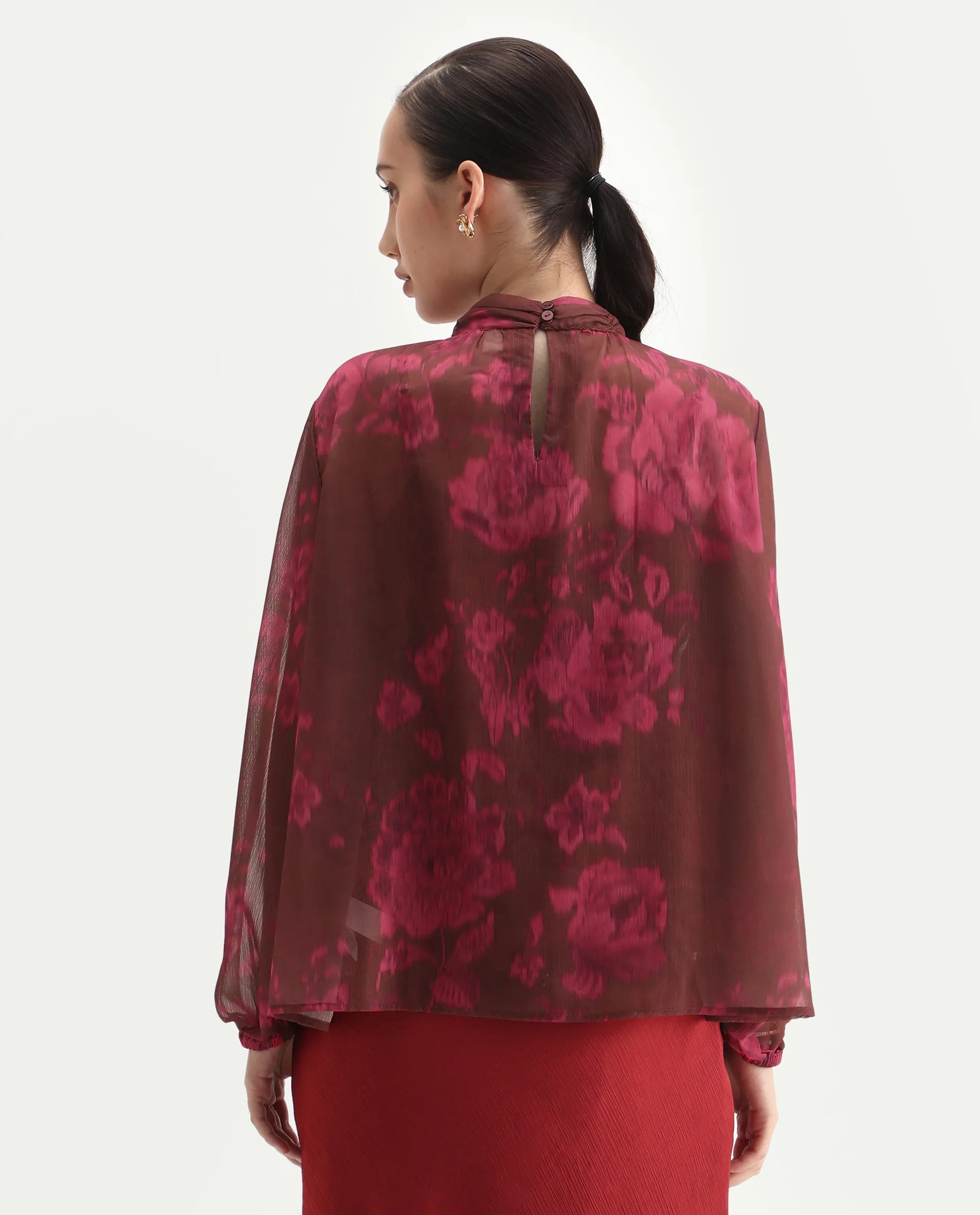 Rareism Women's Neho Brown Polyester Bishop Sleeve Band Collar Relaxed Fit Top