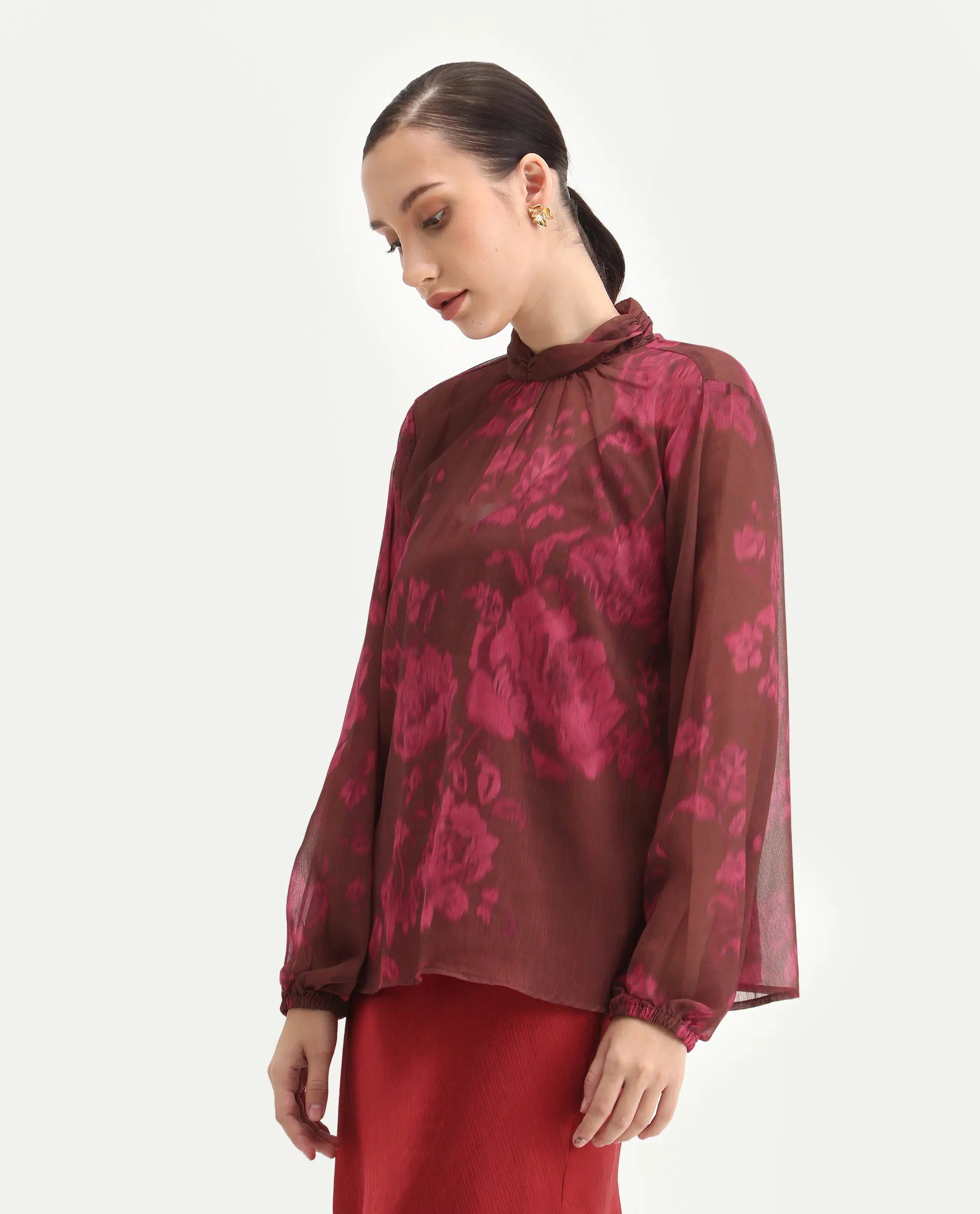 Rareism Women's Neho Brown Polyester Bishop Sleeve Band Collar Relaxed Fit Top