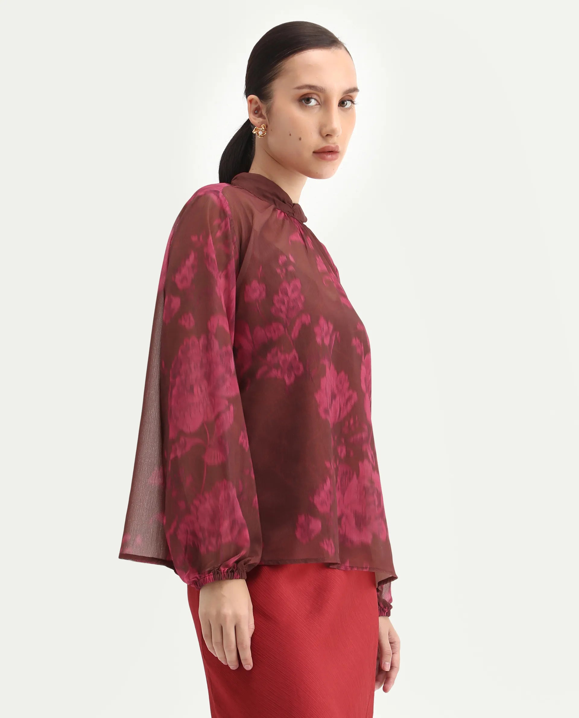 Rareism Women's Neho Brown Polyester Bishop Sleeve Band Collar Relaxed Fit Top