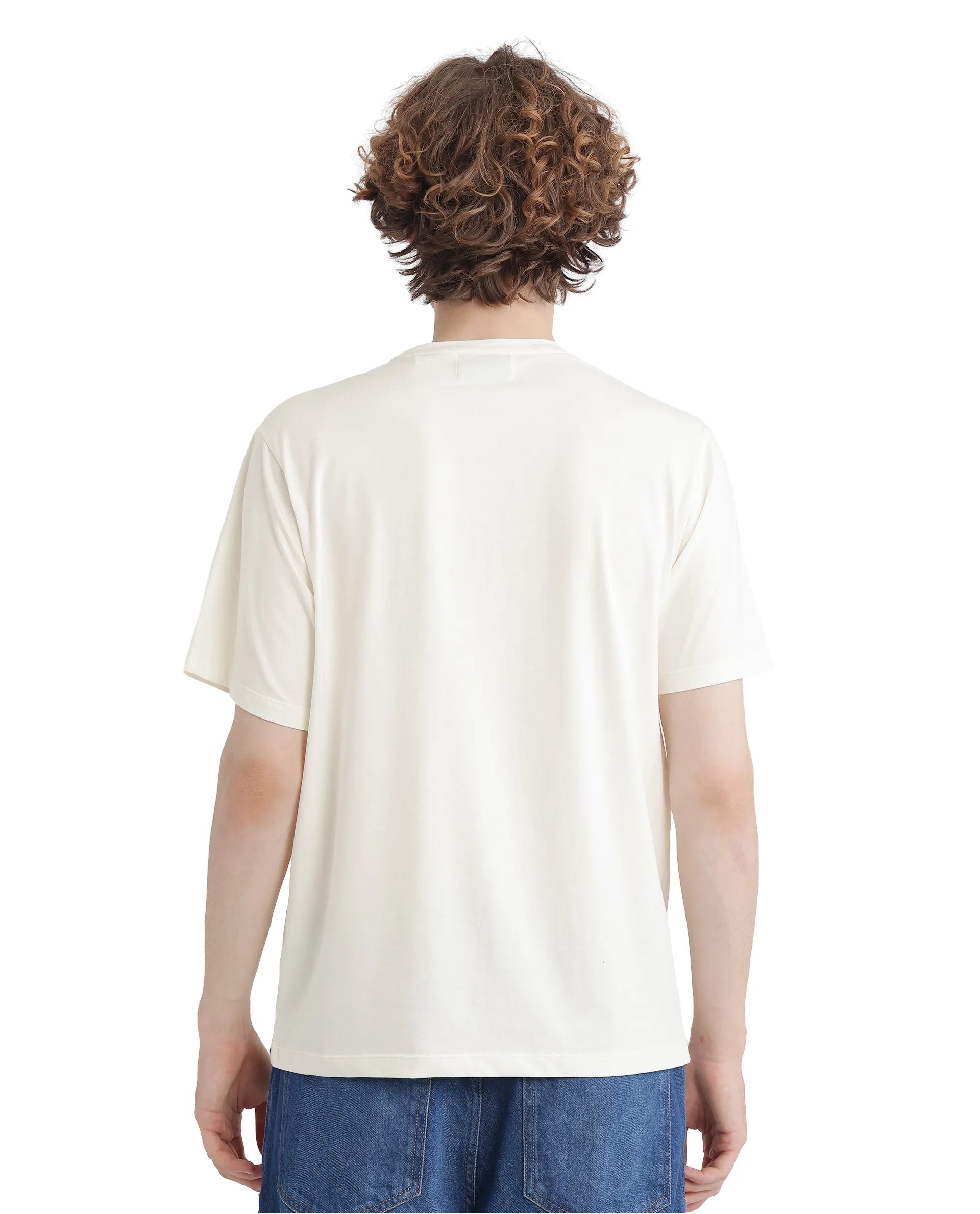 Rare Rabbit Men's Neko Off White Cotton Fabric Half Sleeve Crew Neck Regular Fit Graphic Print T-Shirt