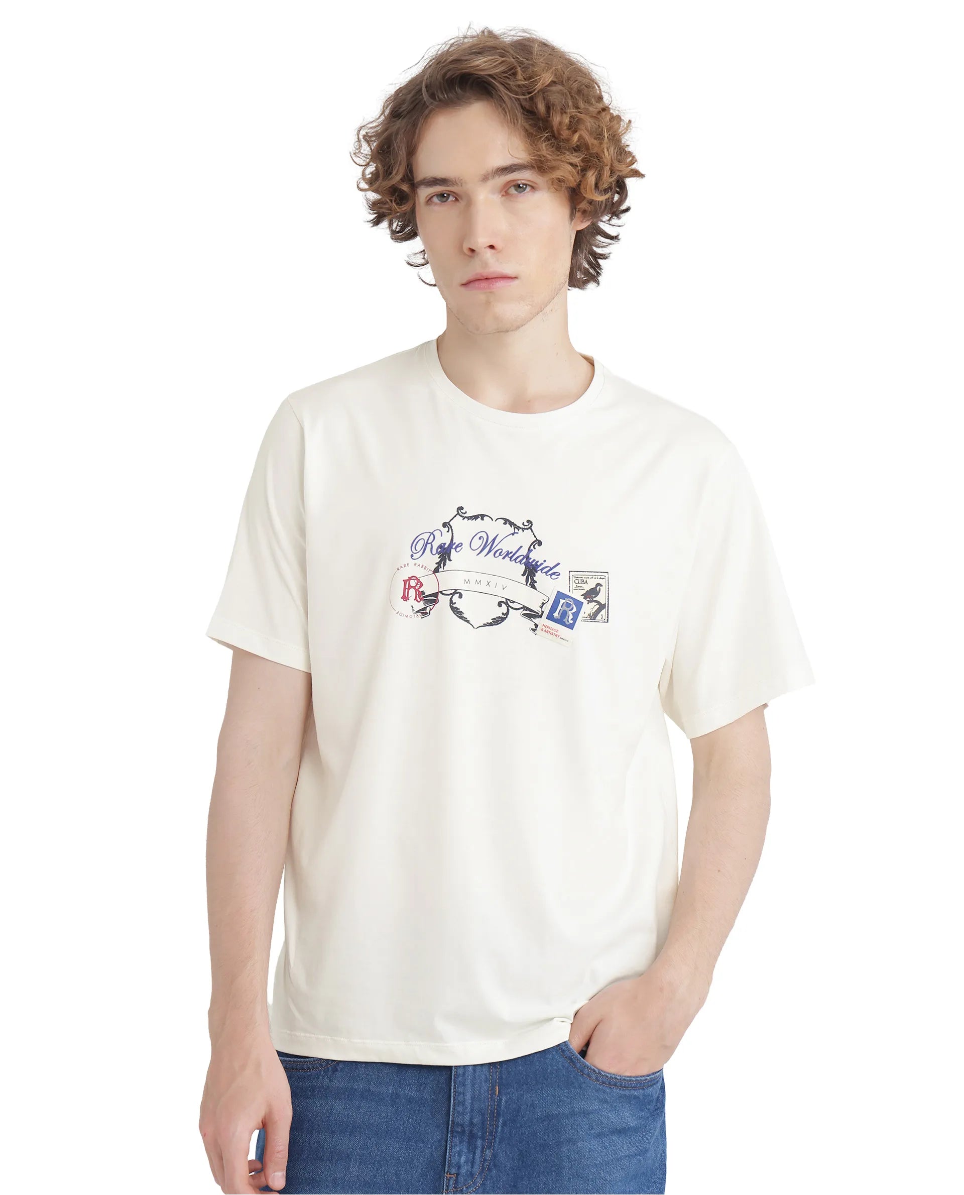 Rare Rabbit Men's Neko Off White Cotton Fabric Half Sleeve Crew Neck Regular Fit Graphic Print T-Shirt