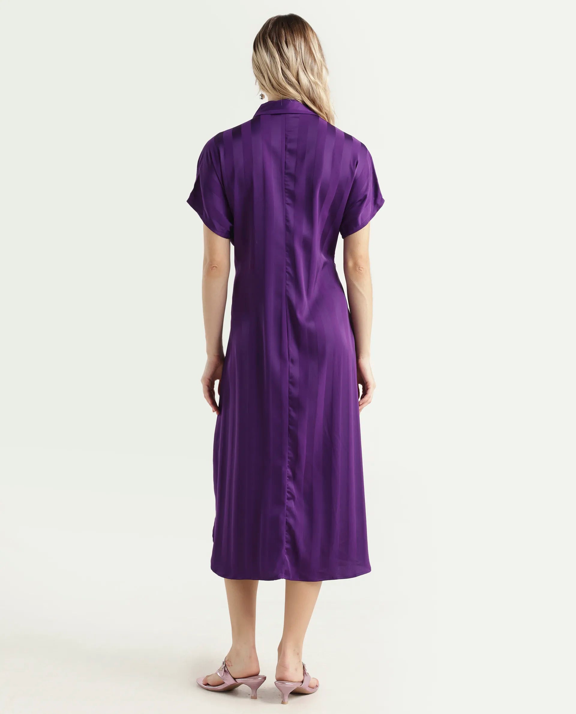 Rareism Women's Nekop Dark Purple Polyester Spread Collar Striped Knee Length Regular Fit Dress