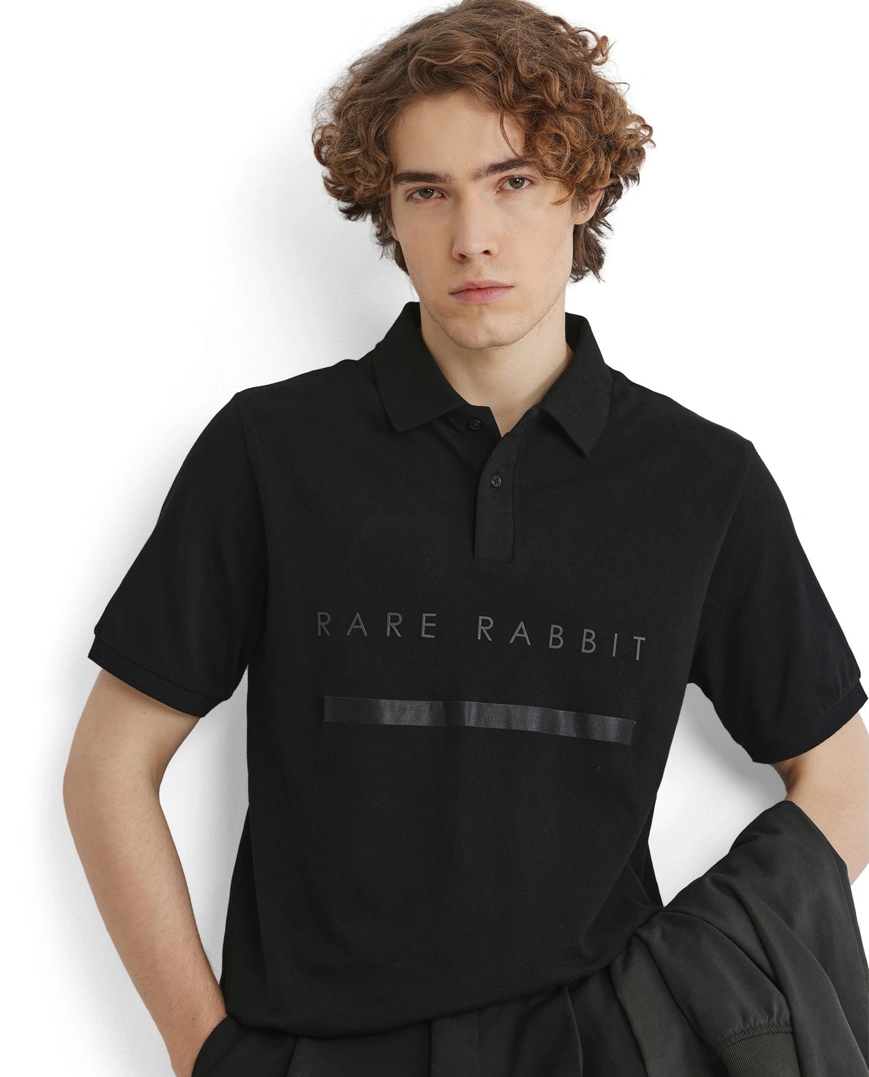 Rare Rabbit Men Nellit Black Cotton Blend Fabric Blue Short Sleeve Regular Collar HD Print Branding Polo