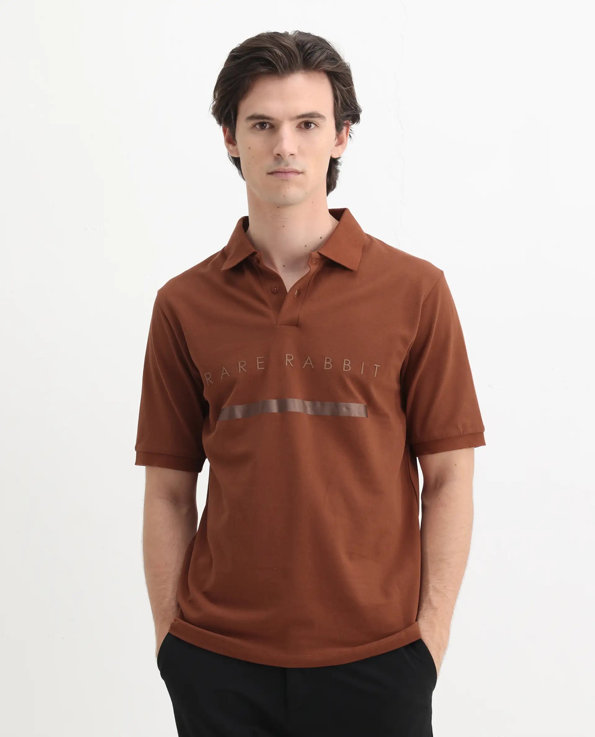 Rare Rabbit Men's Nellit Dusky Rust Cotton Blend Plain Regular Fit Half Sleeve Polo