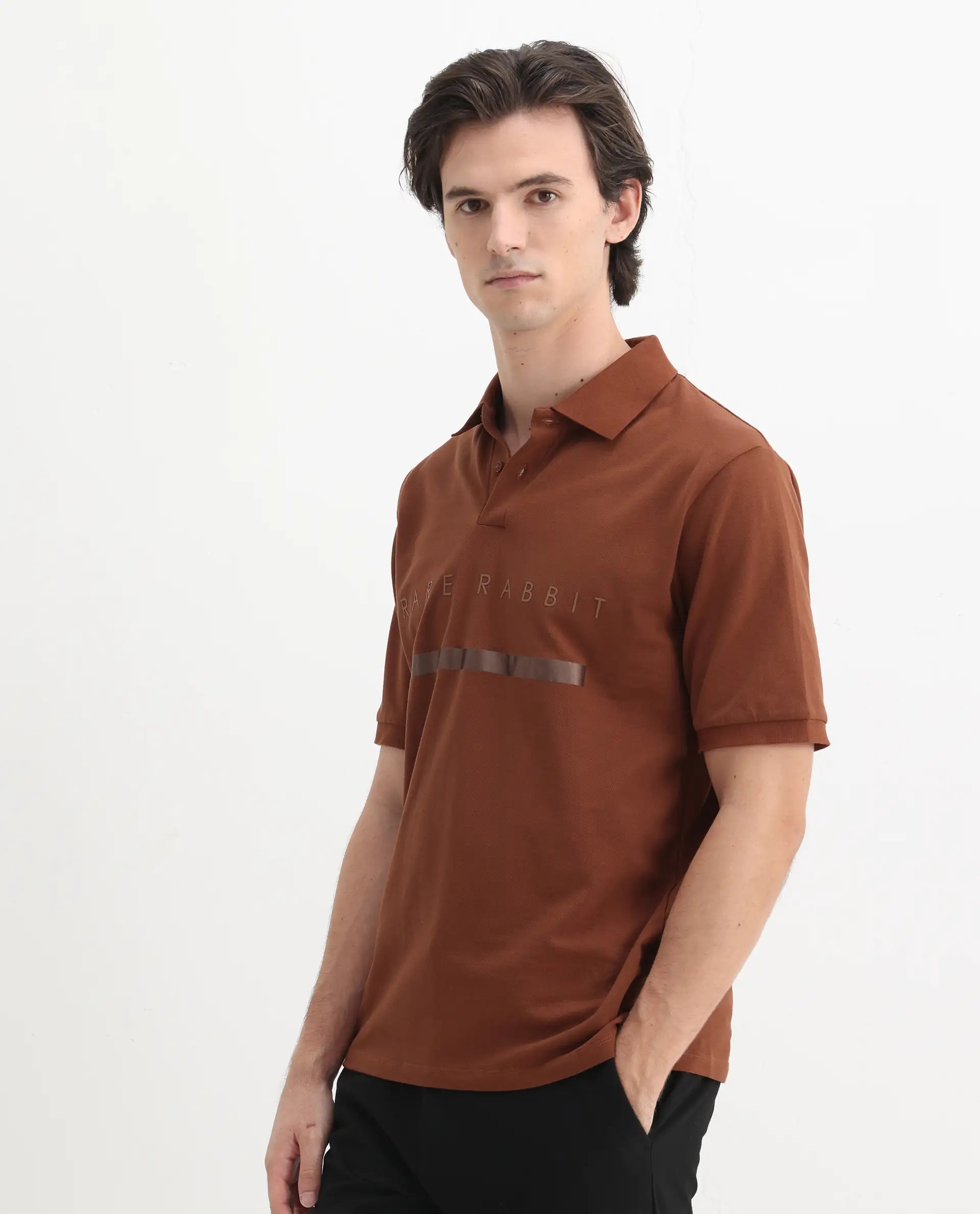 Rare Rabbit Men's Nellit Dusky Rust Cotton Blend Plain Regular Fit Half Sleeve Polo
