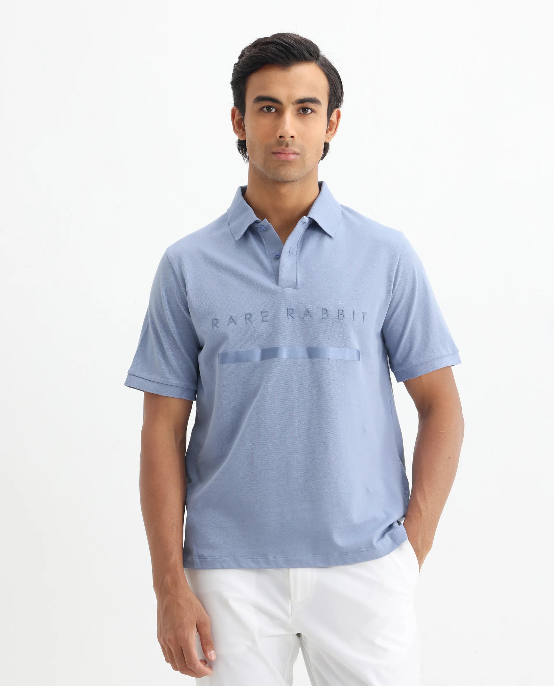 Rare Rabbit Men's Nellit Pastel Blue Cotton Plain Regular Fit Half Sleeve Polo