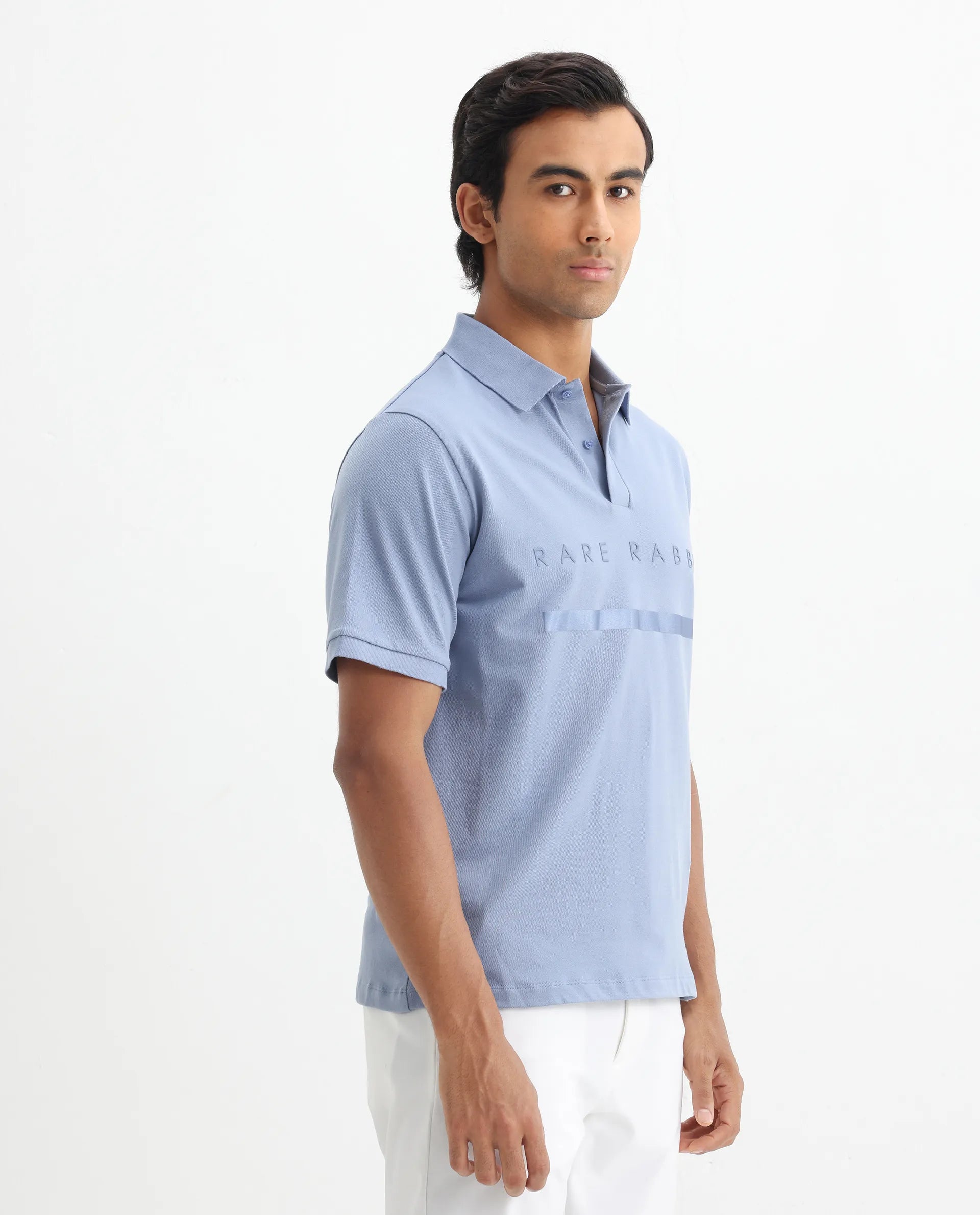 Rare Rabbit Men's Nellit Pastel Blue Cotton Plain Regular Fit Half Sleeve Polo