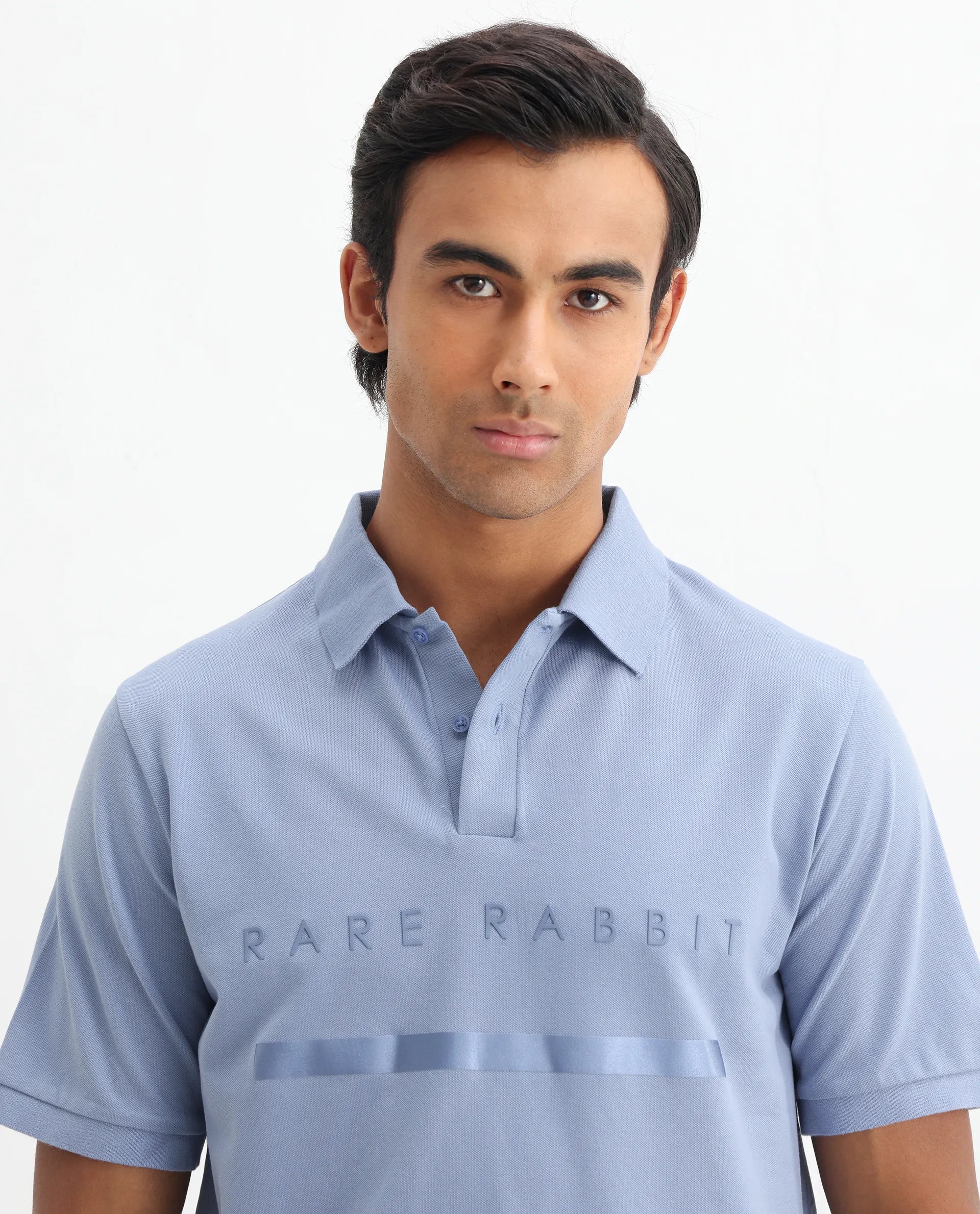 Rare Rabbit Men's Nellit Pastel Blue Cotton Plain Regular Fit Half Sleeve Polo