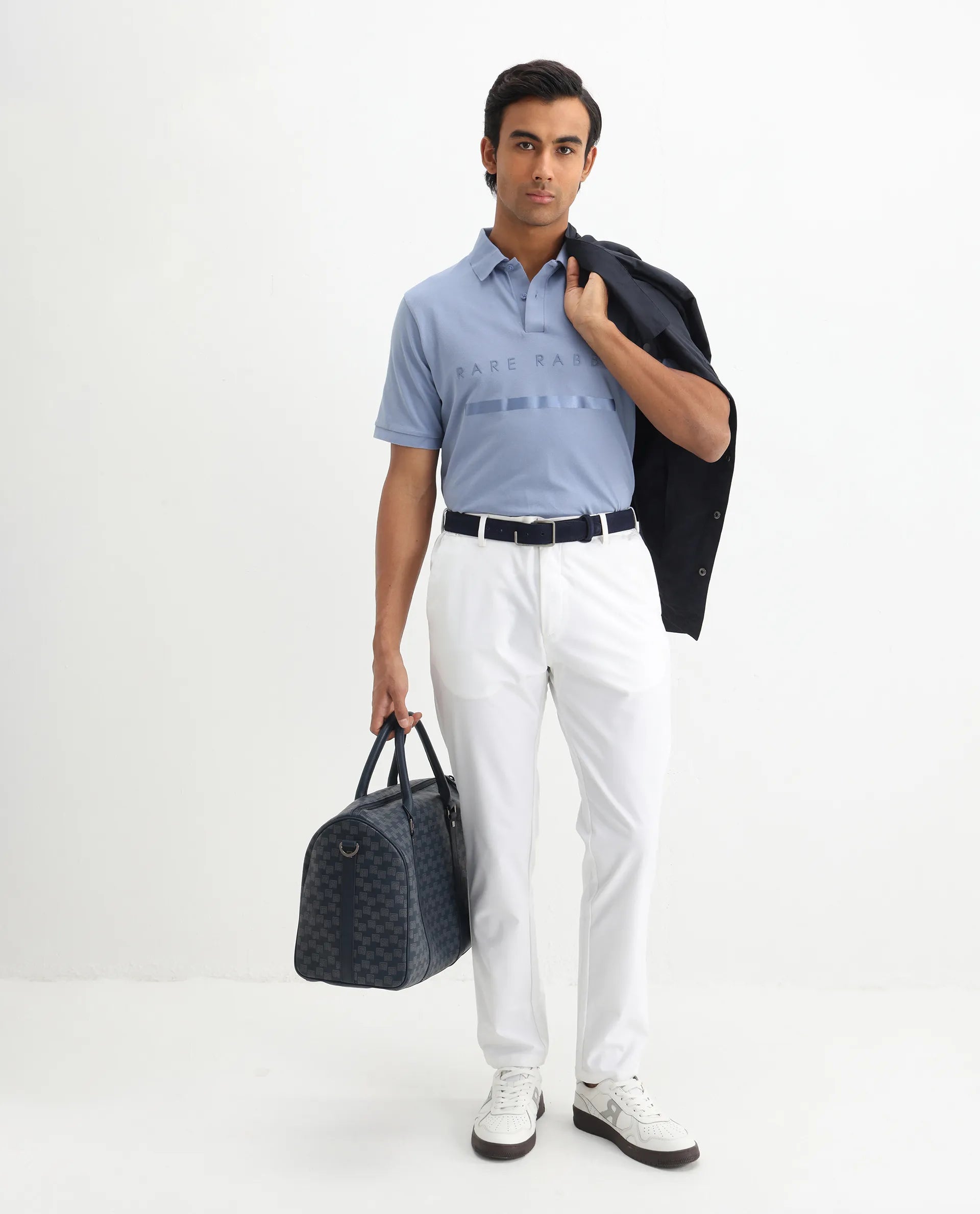 Rare Rabbit Men's Nellit Pastel Blue Cotton Plain Regular Fit Half Sleeve Polo