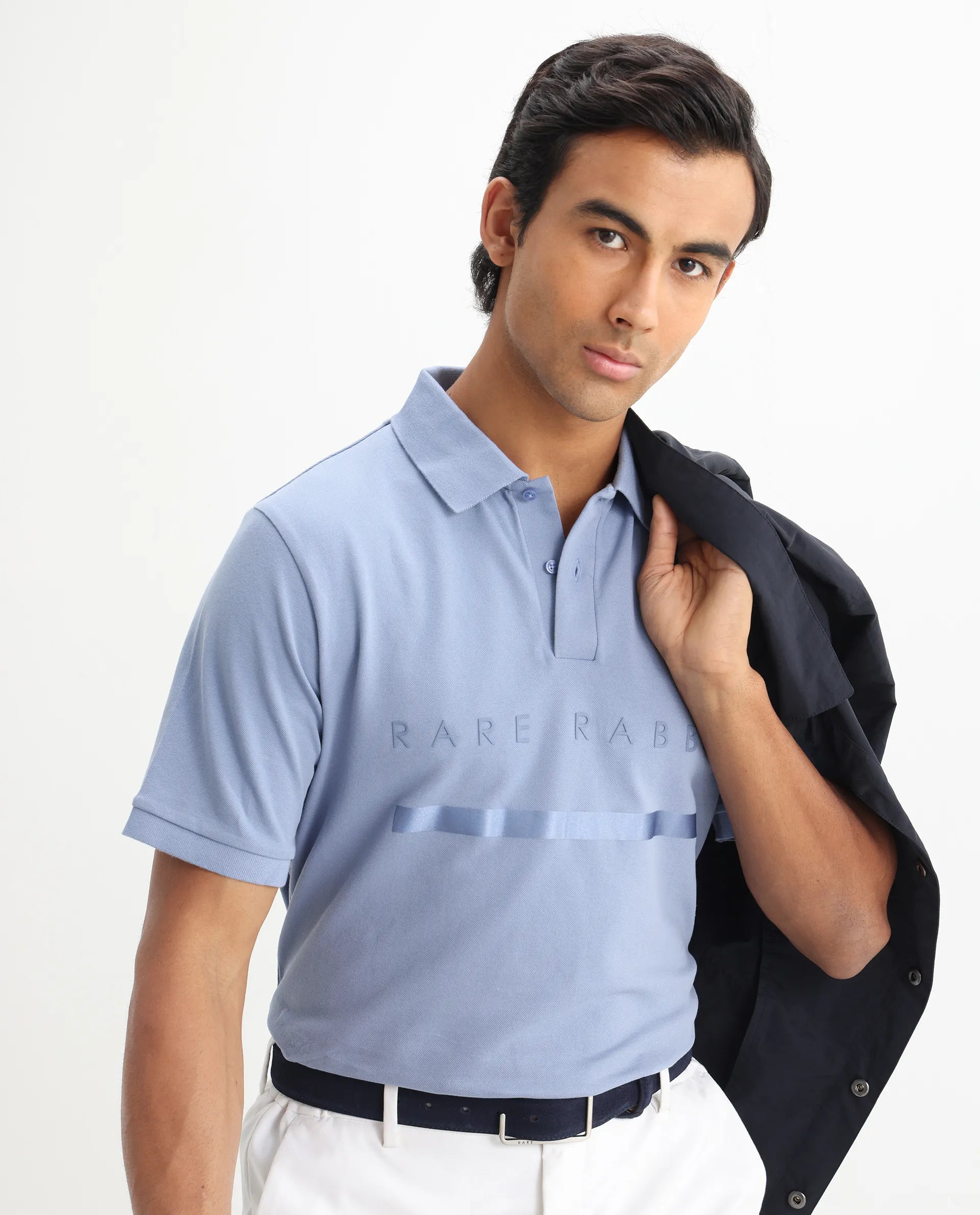 Rare Rabbit Men's Nellit Pastel Blue Cotton Plain Regular Fit Half Sleeve Polo